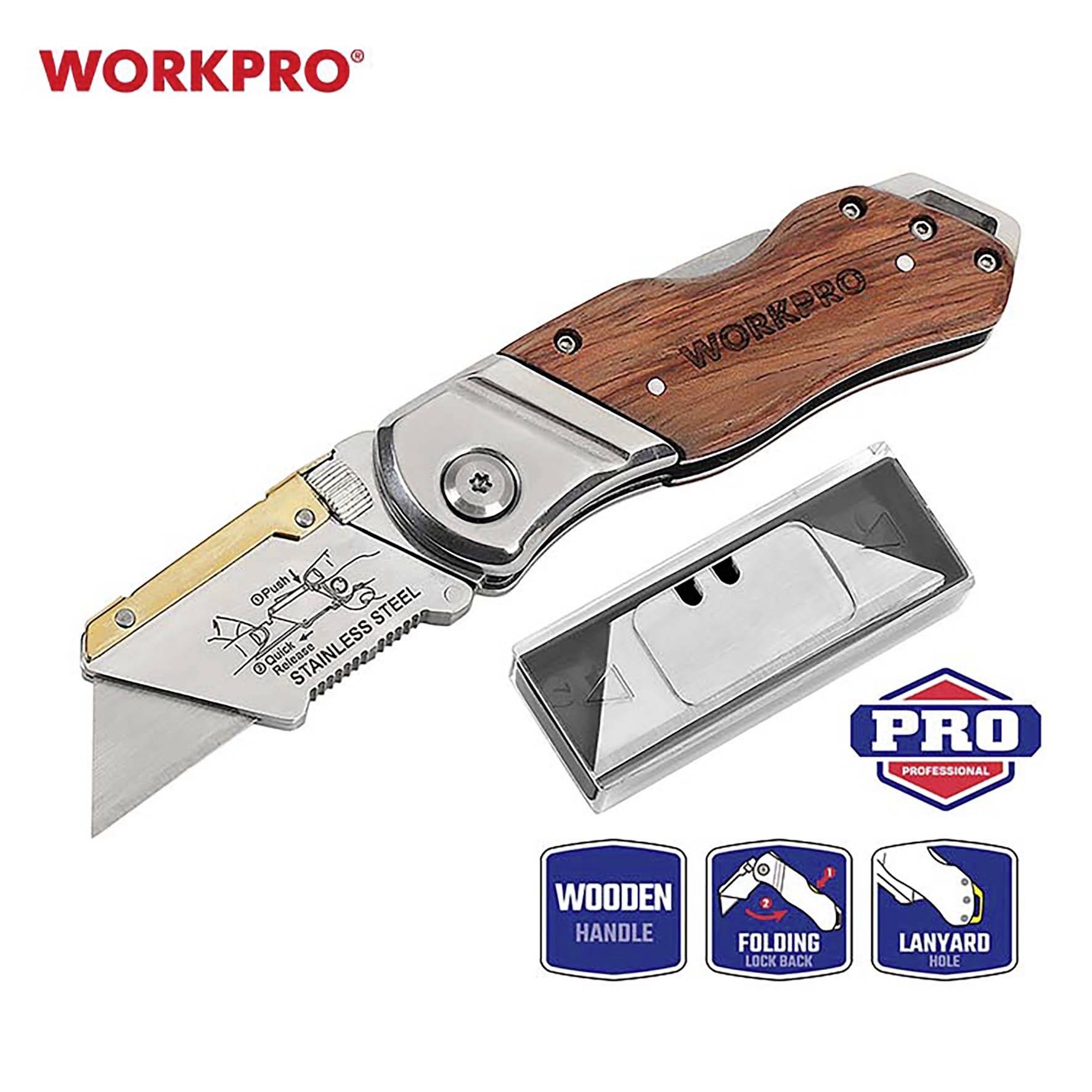 Workpro folding knife with wooden handle and stainless steel blade, alongside spare blades and brand logos on a white background.