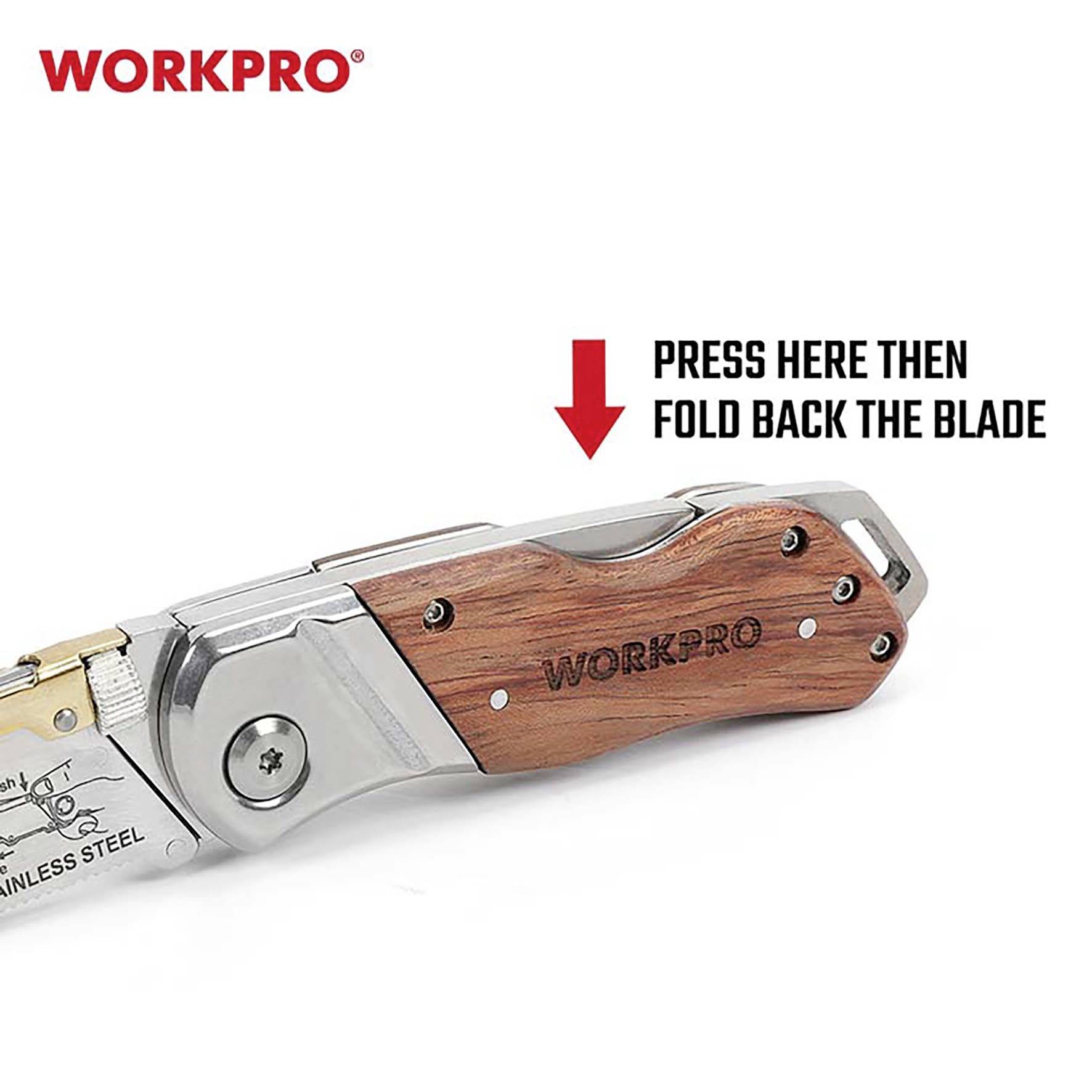 A folding knife with a wooden handle and the inscription 'WORKPRO'. An arrow points to the mechanism with the instruction: 'PRESS HERE THEN FOLD BACK THE BLADE'.