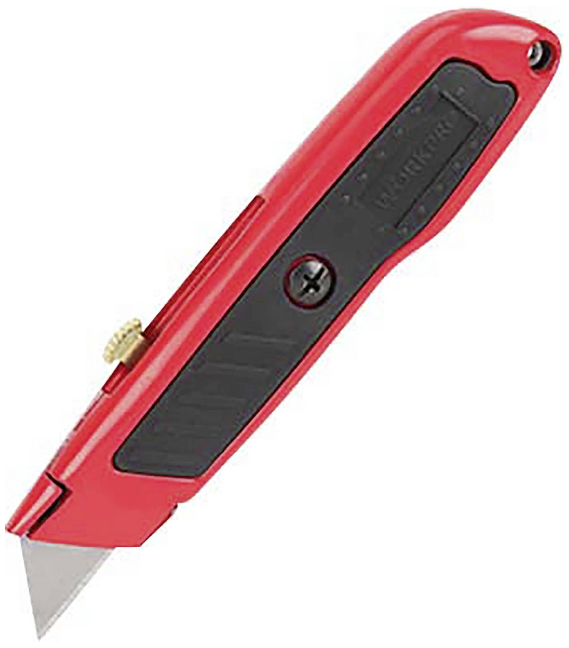 Red carpet knife with black handle, extended blade and gold adjustment screw. Suitable for cutting materials.