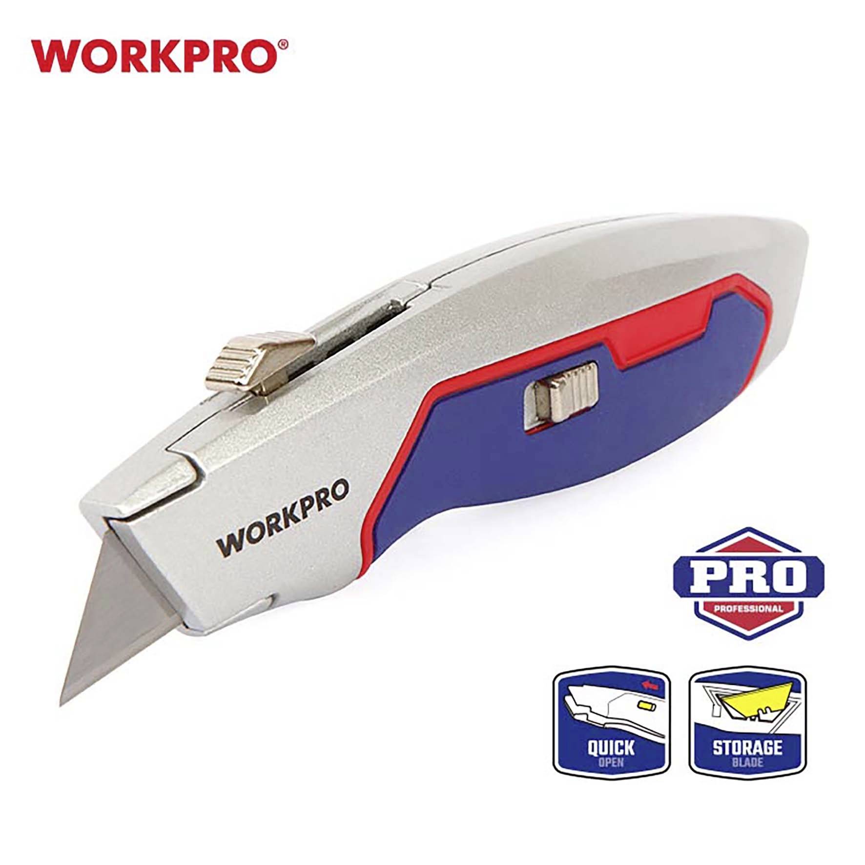 Silver universal knife by WORKPRO with red and blue handle. Logos bottom right: 'PRO', 'Quick Open', 'Storage Blade'.
