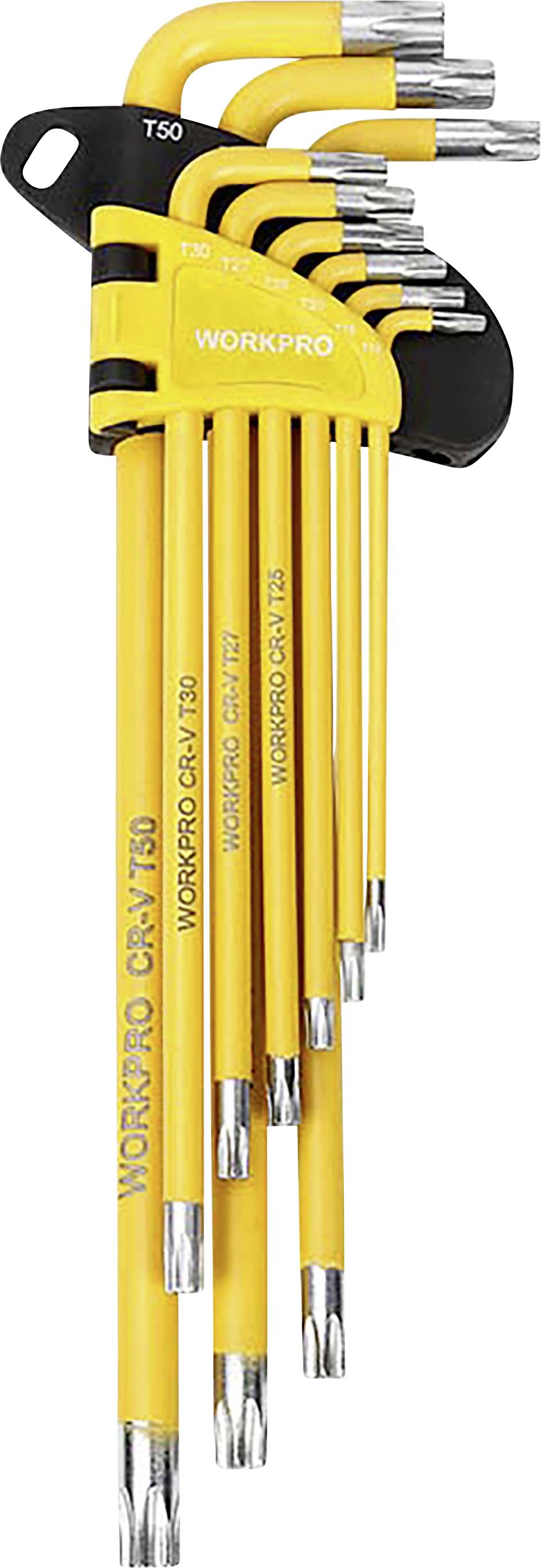 A set of yellow hexagonal Allen keys, arranged by size, with silver ends. Inscription: 'WORKPRO' and size markings.