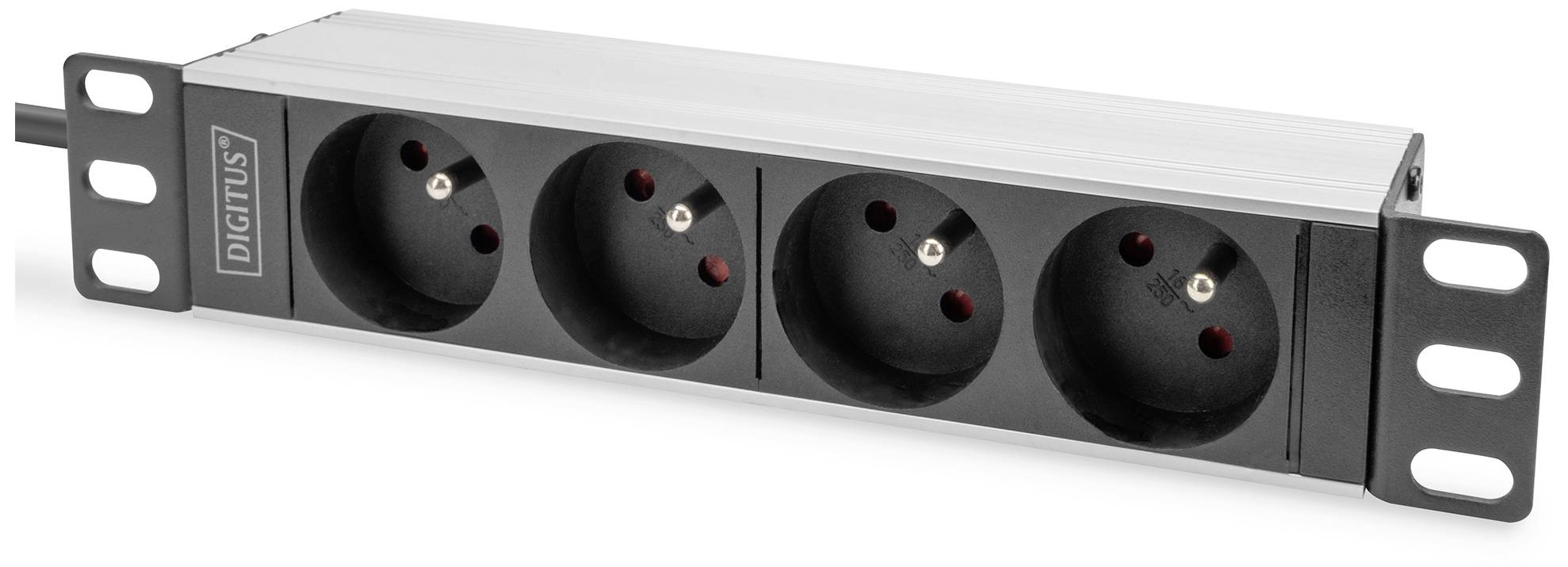 Power distribution unit with four black outlets, mounted on a metal rail, suitable for use in server racks.