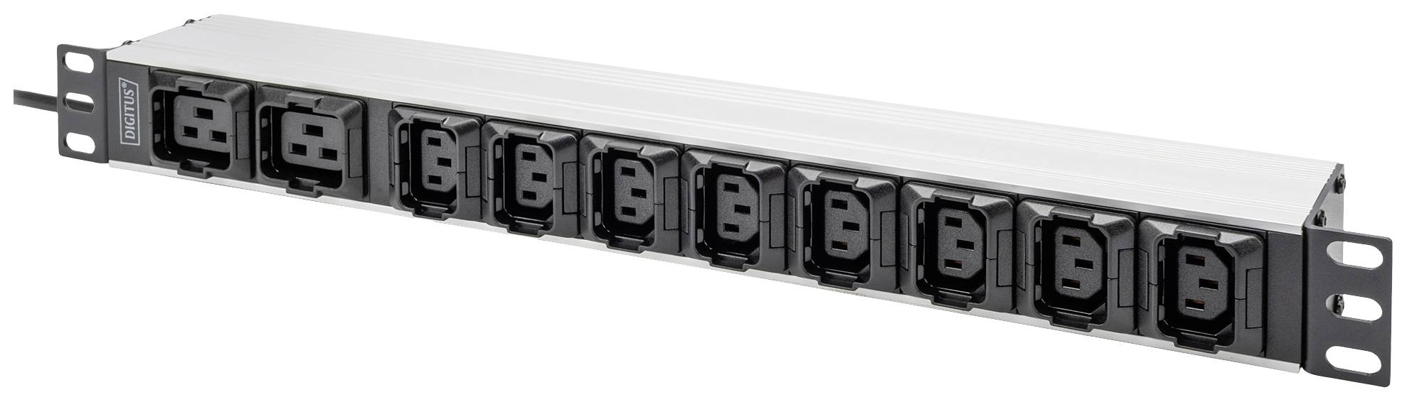 Vertical power strip with ten outlets, suitable for rack mounting in a server room or data centre.