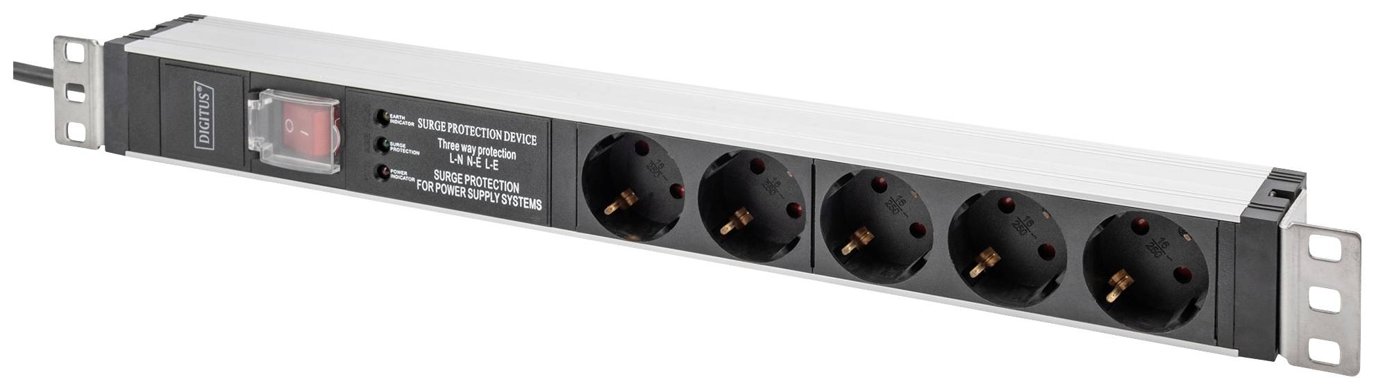 A silver power strip with four black socket outlets and a red switch. Designed for mounting in a 19-inch rack.