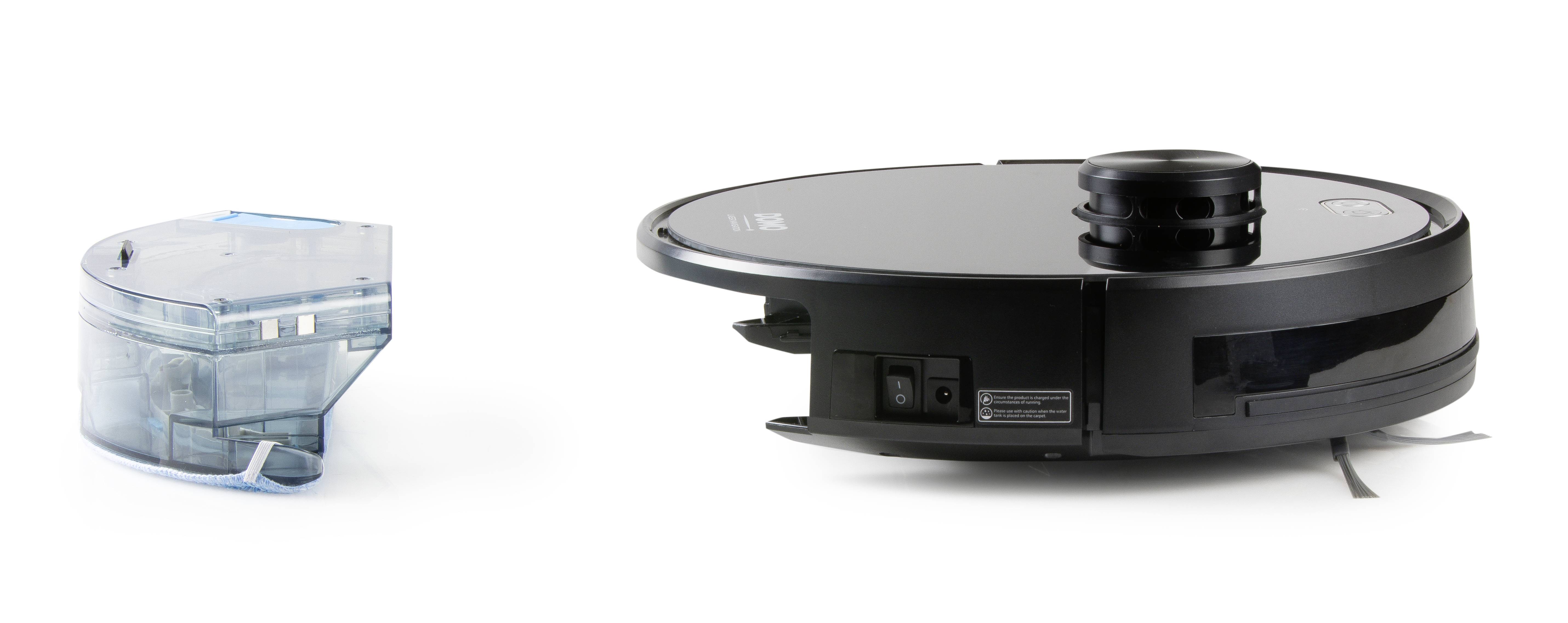 Robot vacuum cleaner with water tank removed, detailed technical view showing water tank on the left and robot on the right.