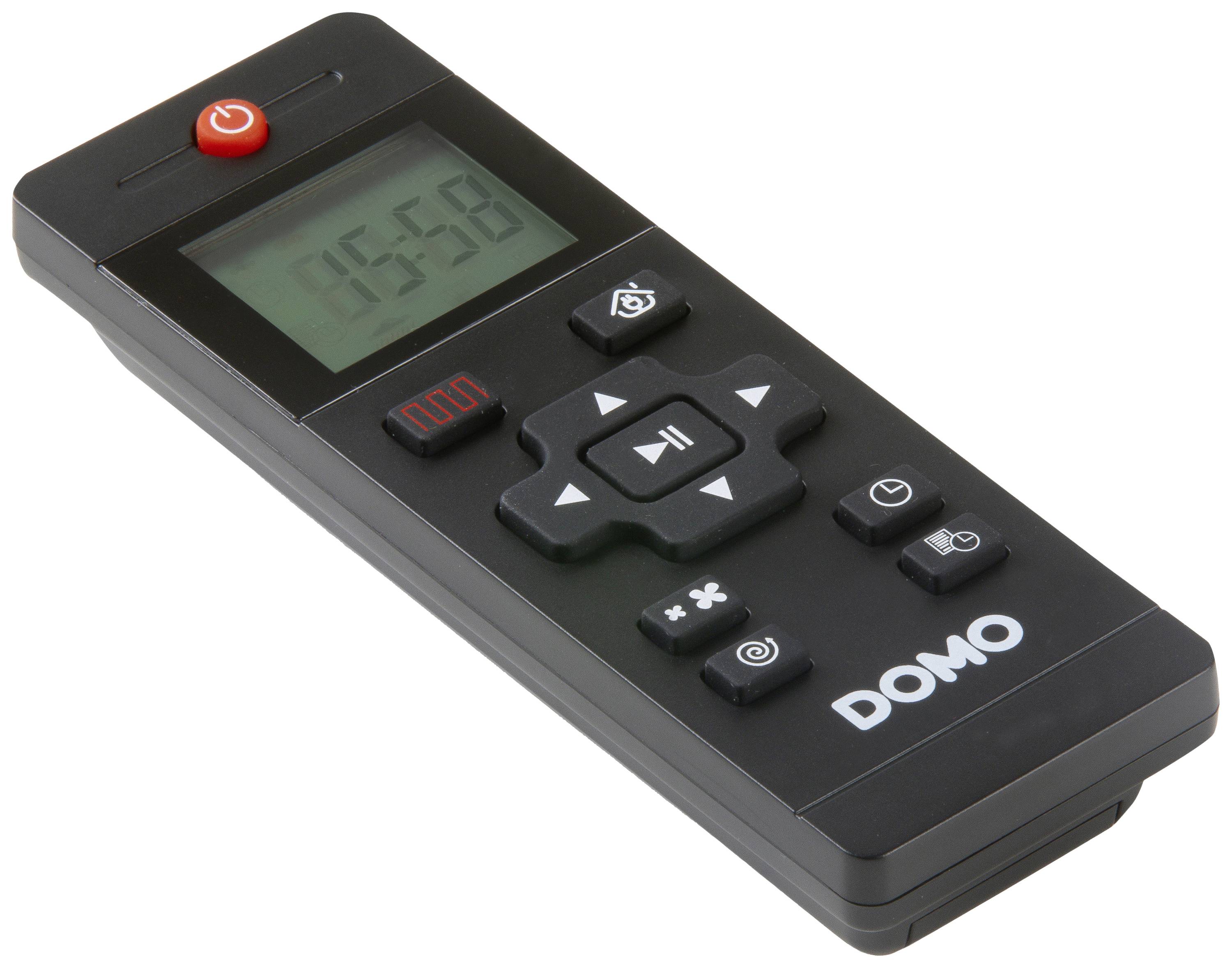 Black remote control with display and buttons. Brand name 'DOMO' bottom right. Main buttons: Power, Enter, Menu, Volume.