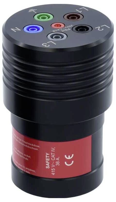 A black adapter with colourful connectors on the top surface, possibly for electrical purposes. CE marking visible.