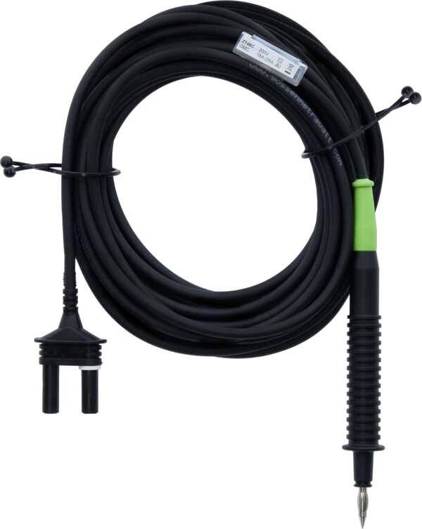 Measuring lead with black cable and green-black test probe, suitable for electrical tests. Includes two plugs for connection.