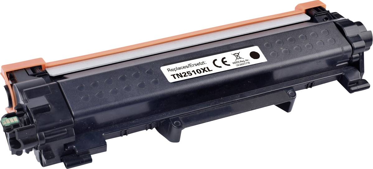 Black toner cartridge for the 'TN2510XL' model, with white lettering. Used for printers, rectangular in shape, with an orange cover.