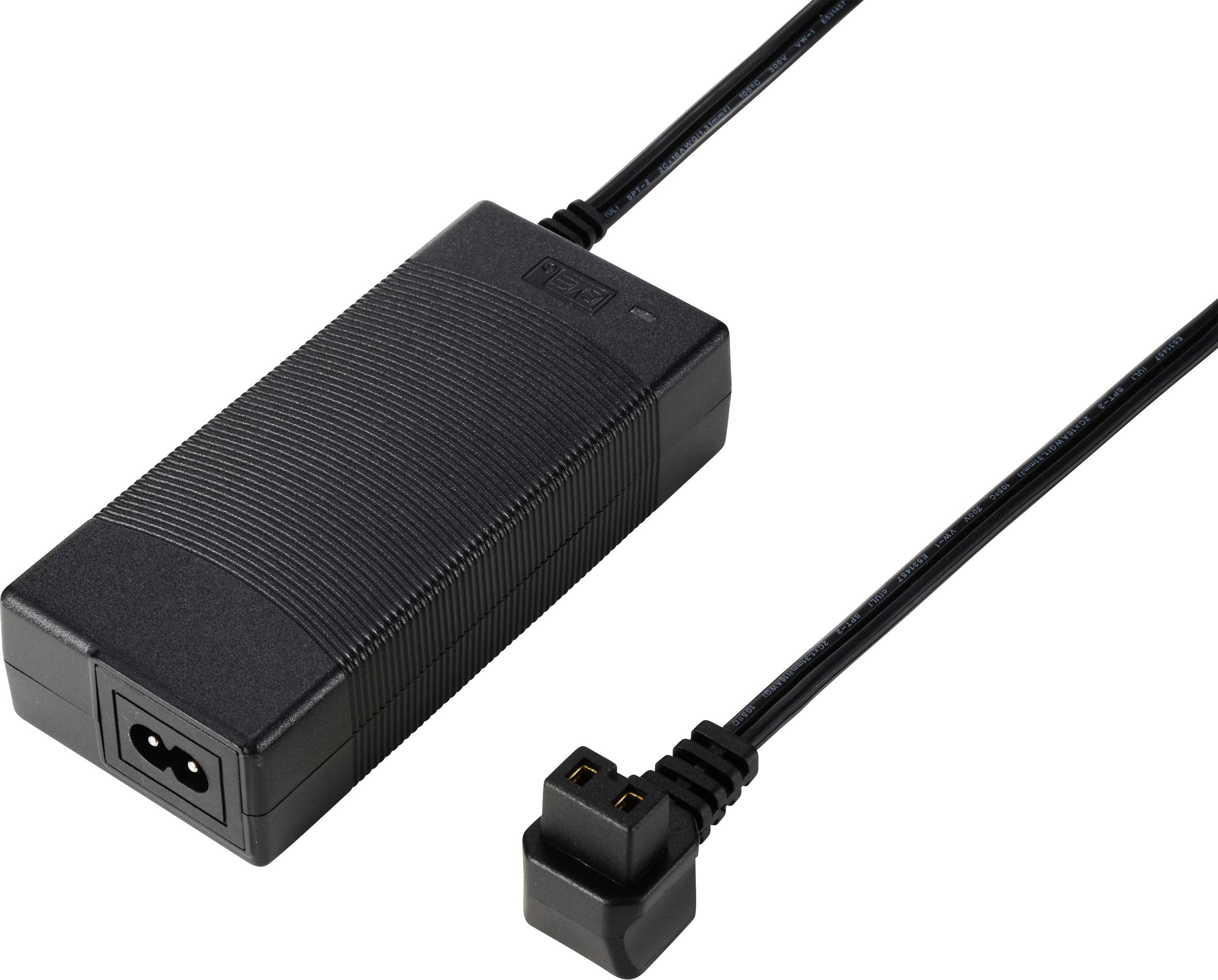 Black power supply with cable connection, rectangular shape, on white background.