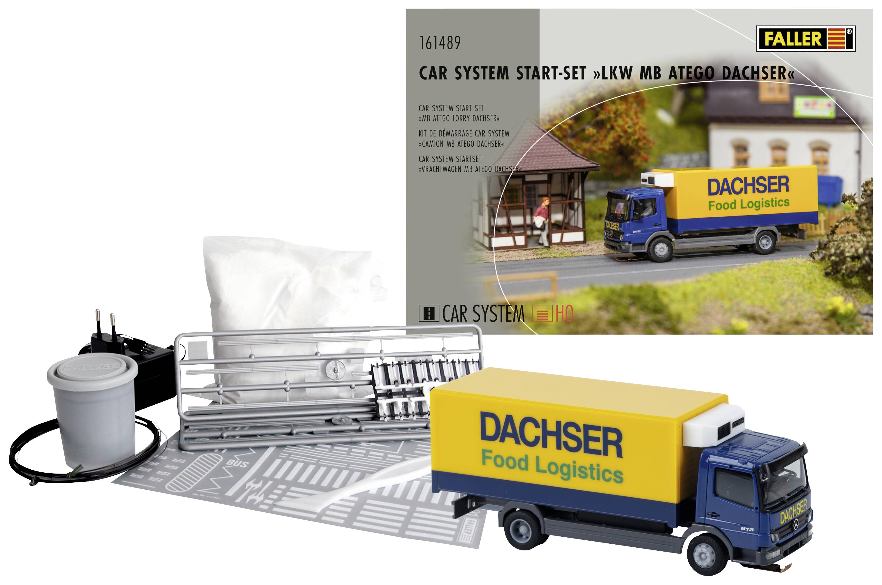 'FALLER Car System Starter Set' displays model lorries and accessories with packaging. Main motif: blue HGV 'DACHSER Food Logistics' in miniature format.