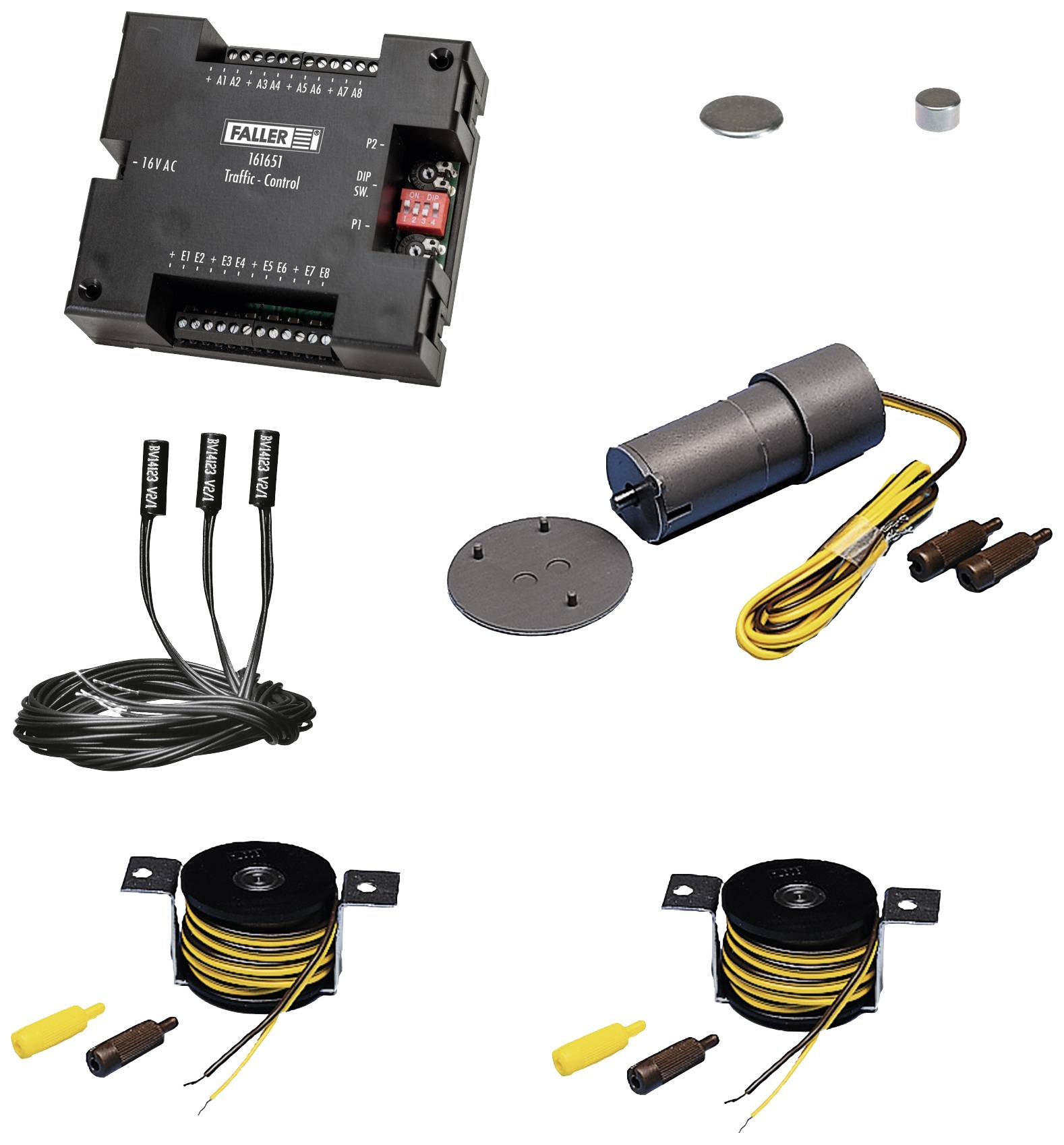 'Faller Traffic Control System' components: control unit, electric motor, magnets and associated cables for model railway applications.