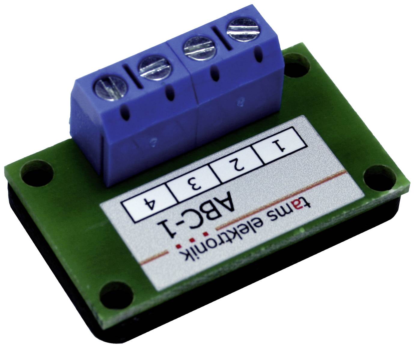 A green electronic module with a blue terminal block, labelled 'ABC-1'. It has four numbered screw terminals.