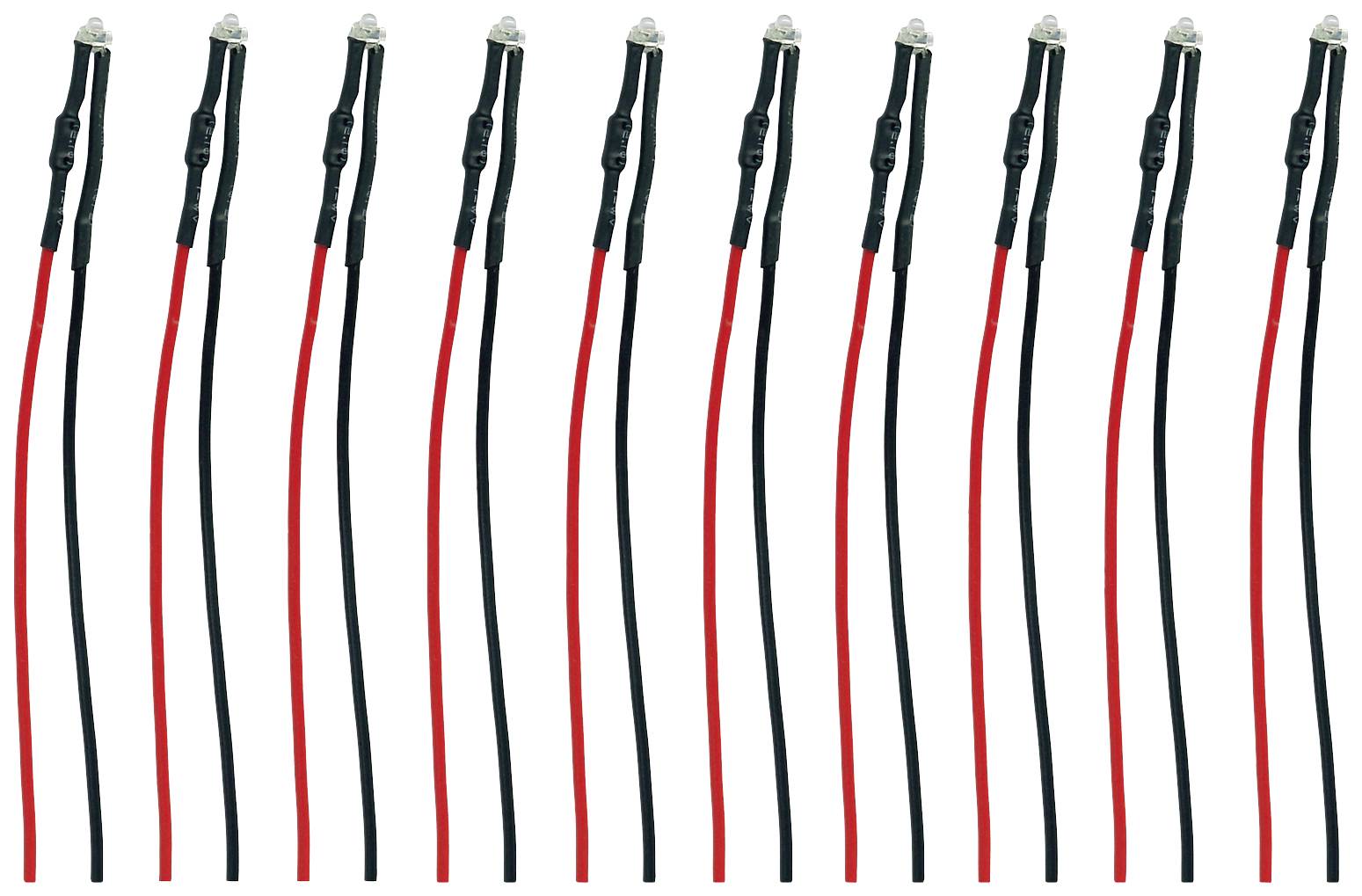 Ten red LED diodes arranged in a row with black and red cables.