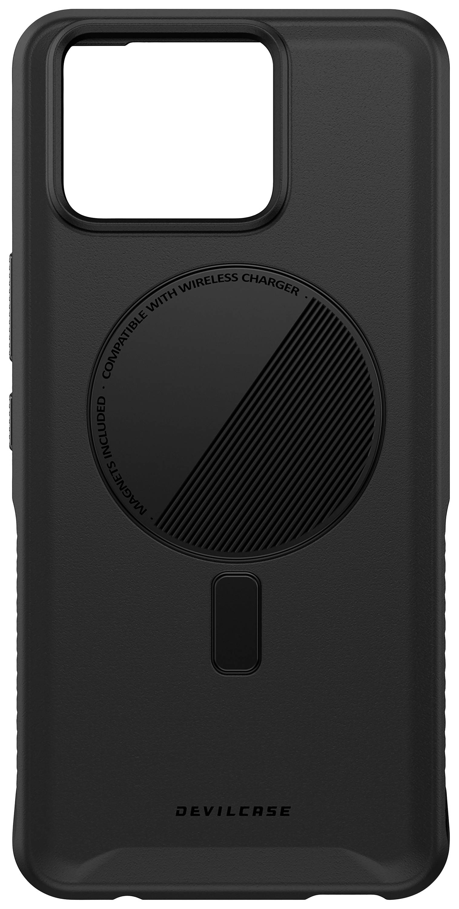 A black smartphone case with a camera cut-out and a circular pattern in the centre. Suitable for wireless charging.