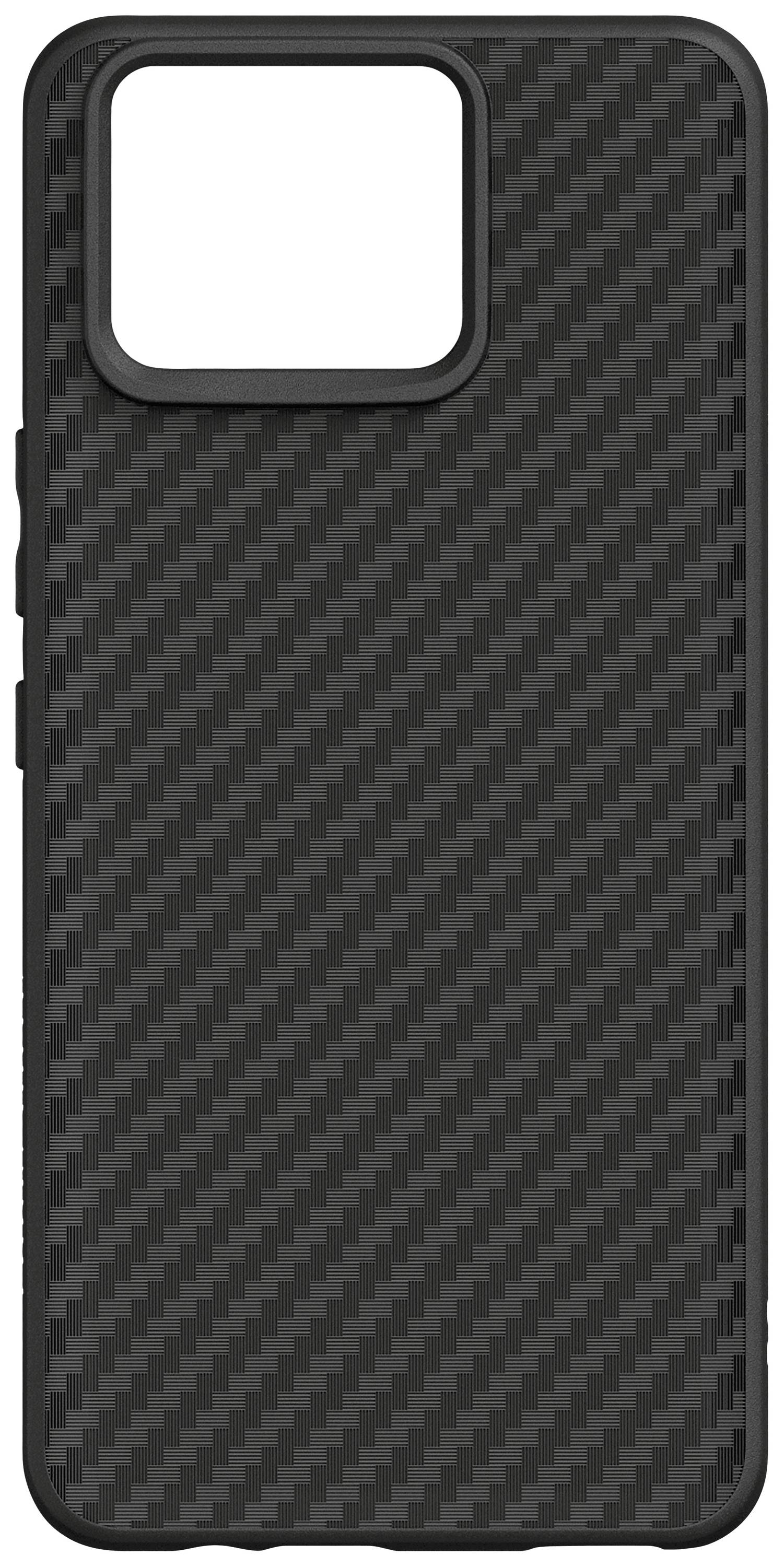 Black smartphone case with carbon fibre design, rectangular camera cutout in the top left corner.