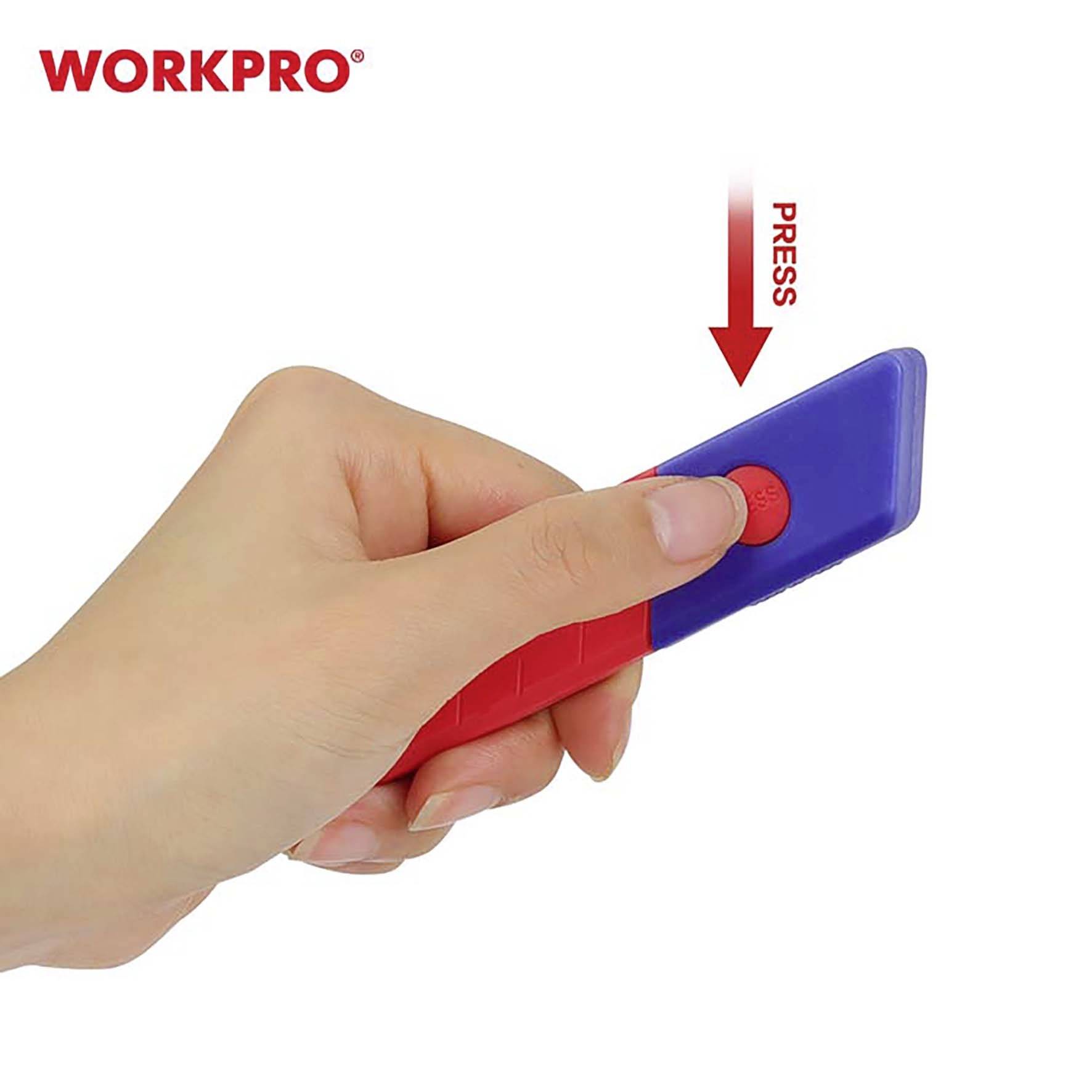 A hand presses the red button of a blue knife, an arrow points downwards with the text 'PRESS', the 'WORKPRO' brand logo is positioned in the top left.