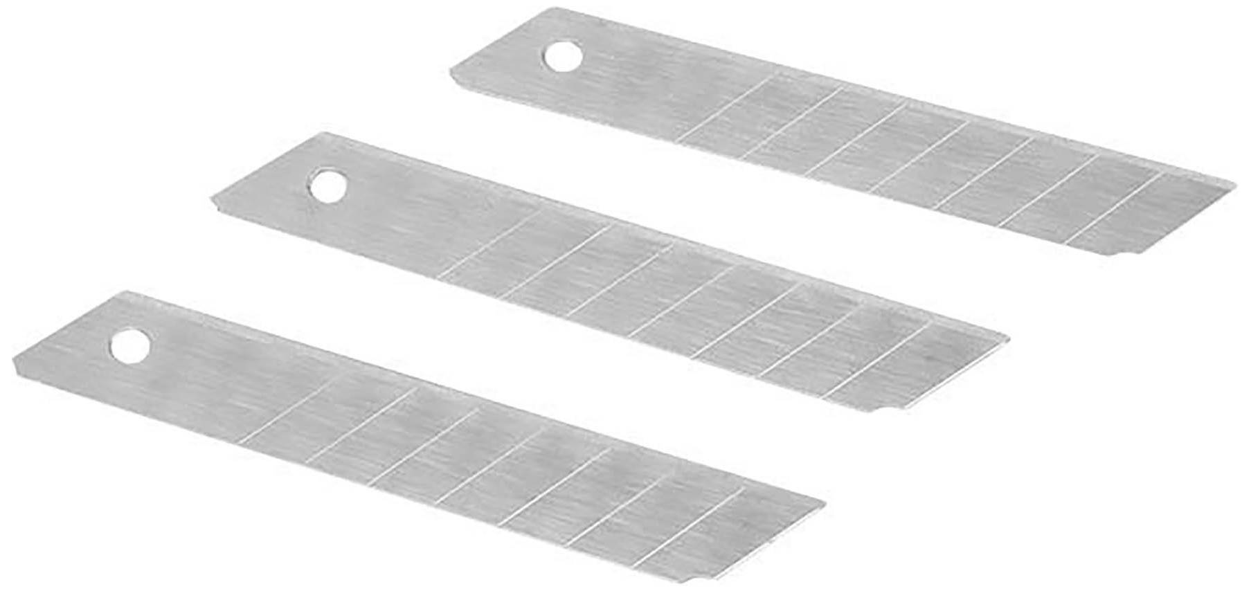 Three silver breaking blades with holes at one end, arranged on a white background.