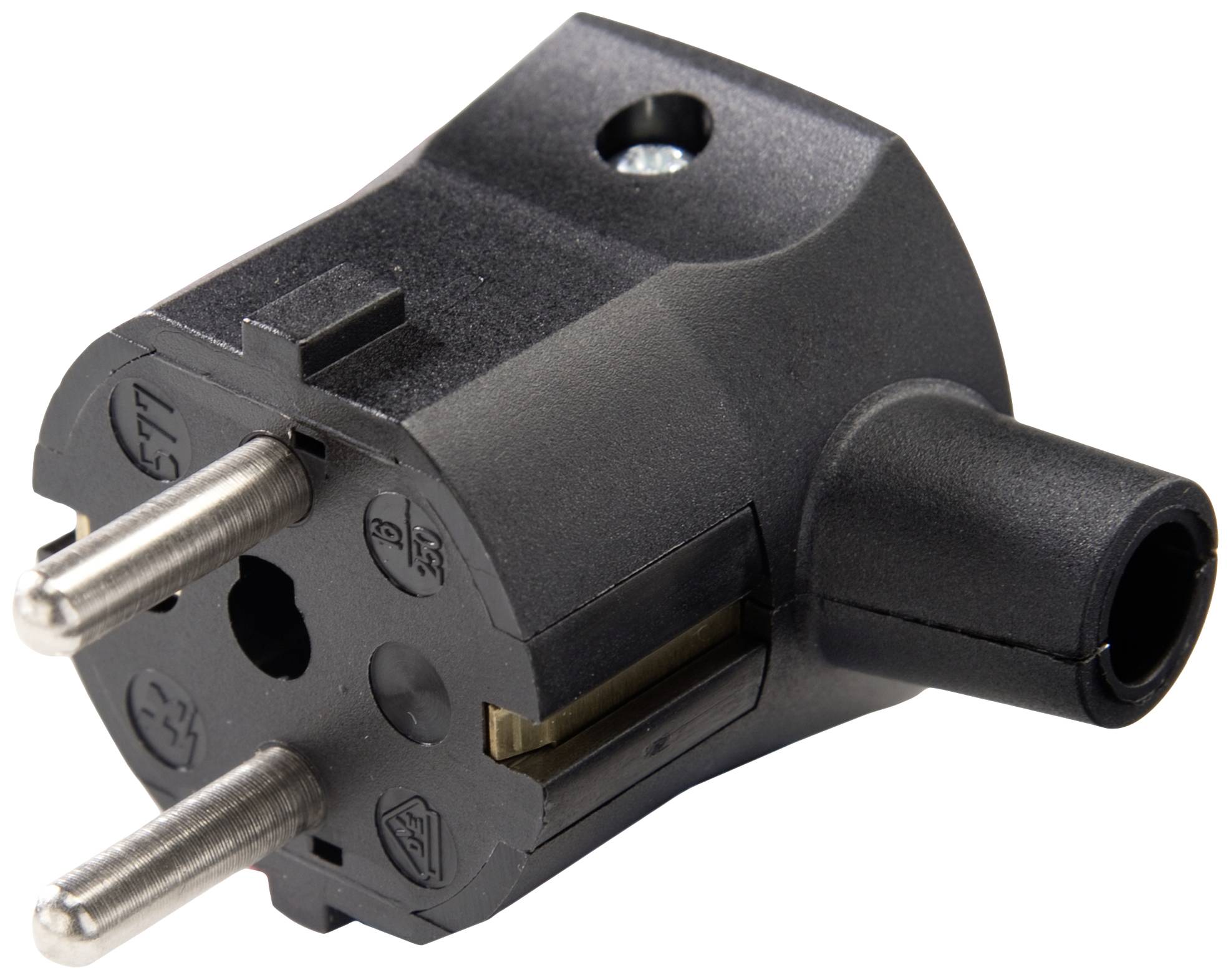 Ein schwarzer Eurosteckeradapter mit zwei Metallstiften und einer Kunststoffhülle.