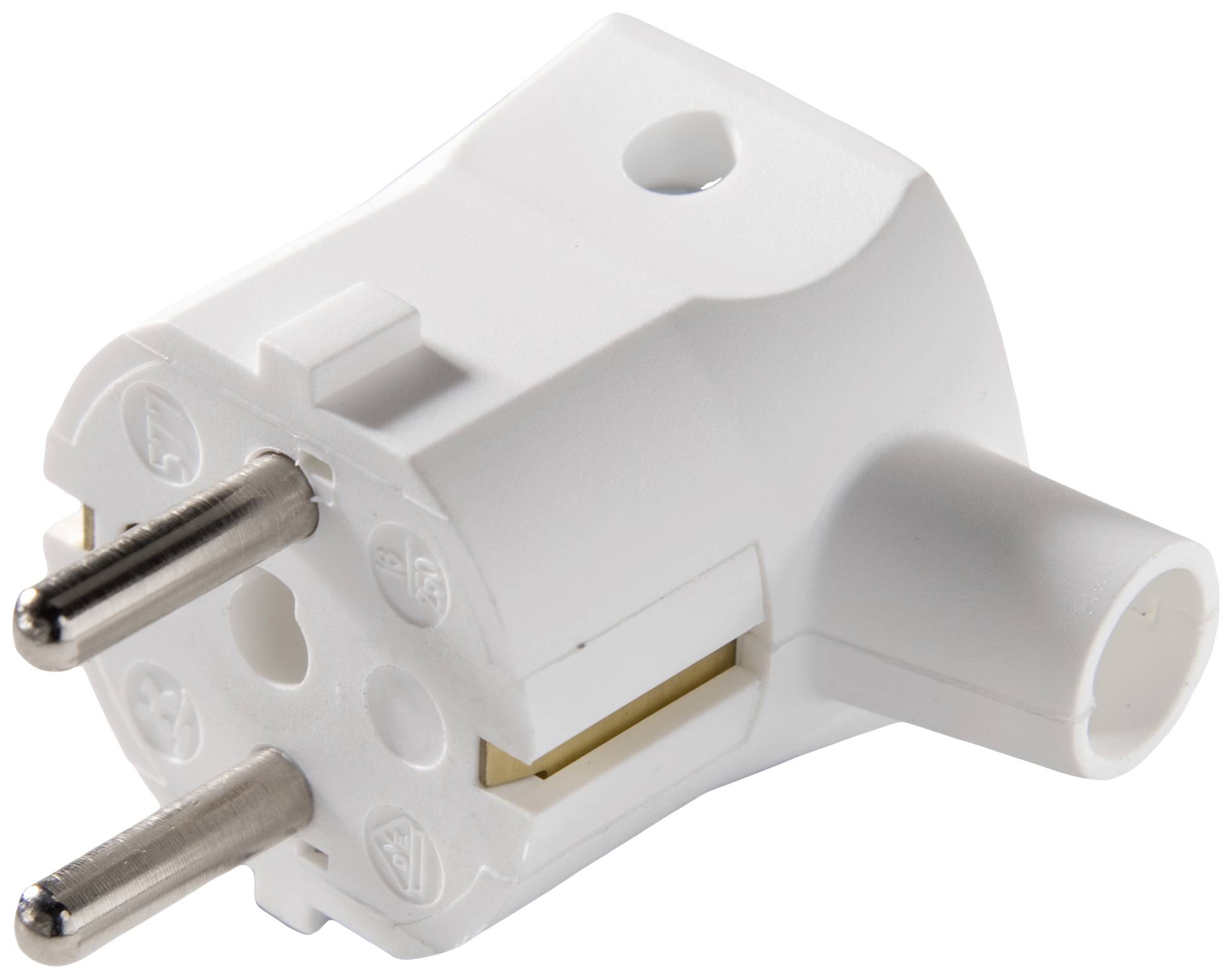 A white, European plug adapter with two metal pins, suitable for connecting to electrical devices.