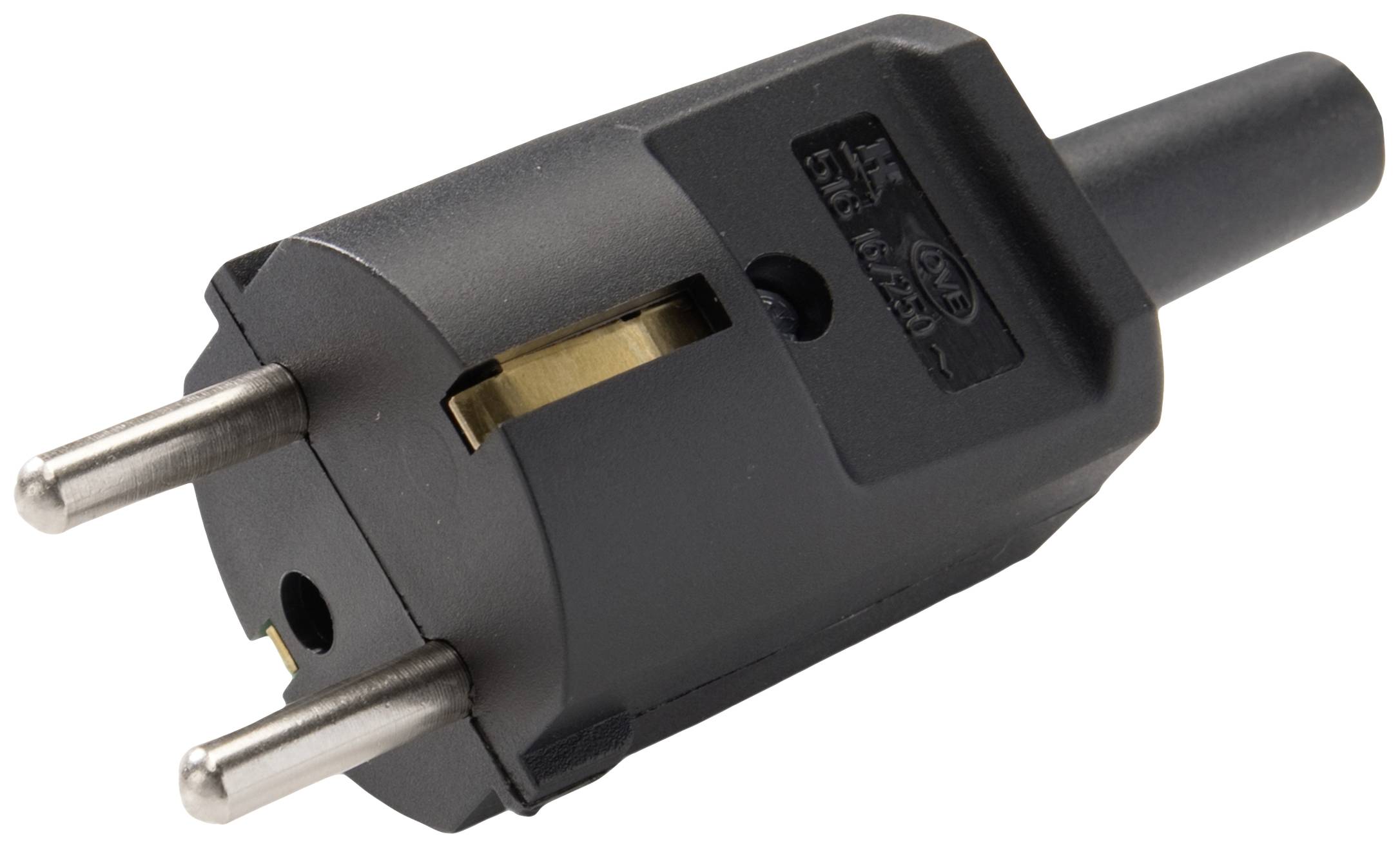 Black European plug with two metal pins and a plastic casing. Suitable for European power sockets.