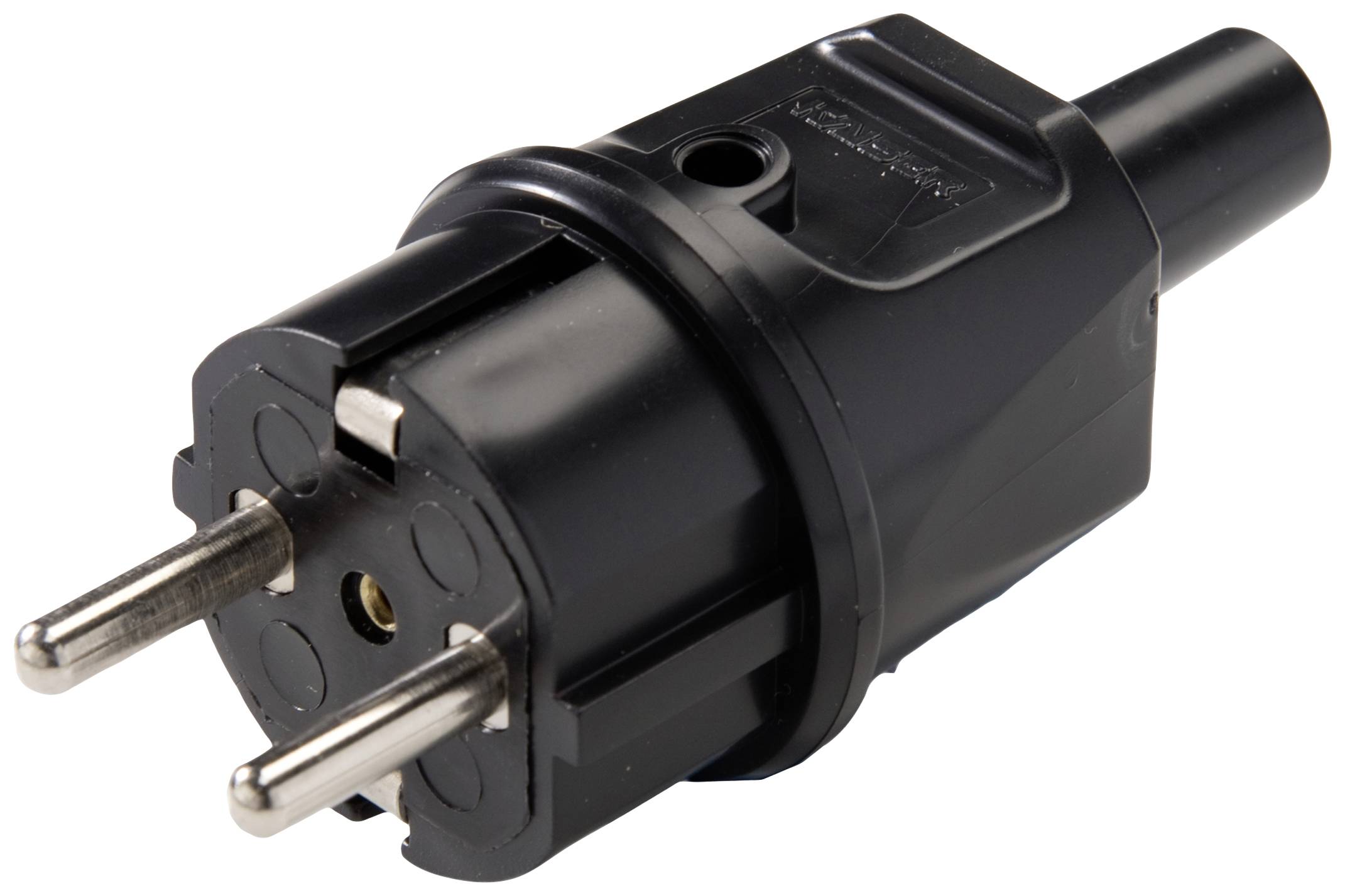 Black Schuko plug, two metal pins, side earthing contacts. Standard electrical plug in Europe, shown in perspective view.