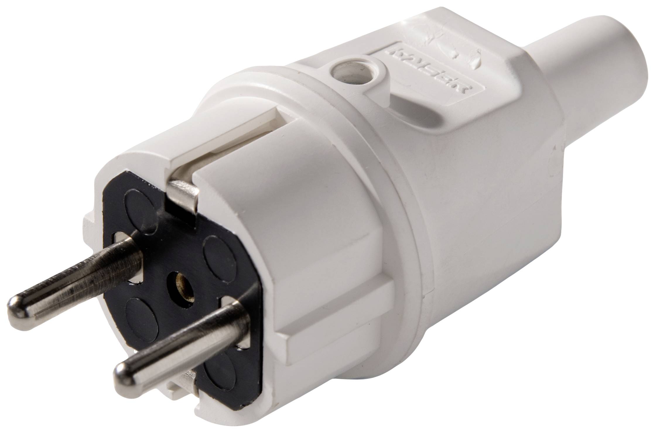 Close-up of a white European two-pin plug with round contacts and earthing. Used for electronic connections.