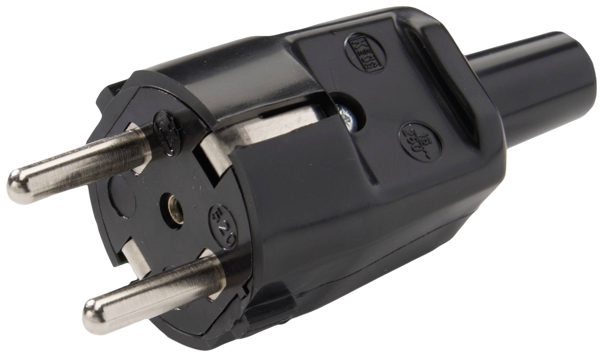 Black two-pin European plug with flat metal pins, good condition, on white background.