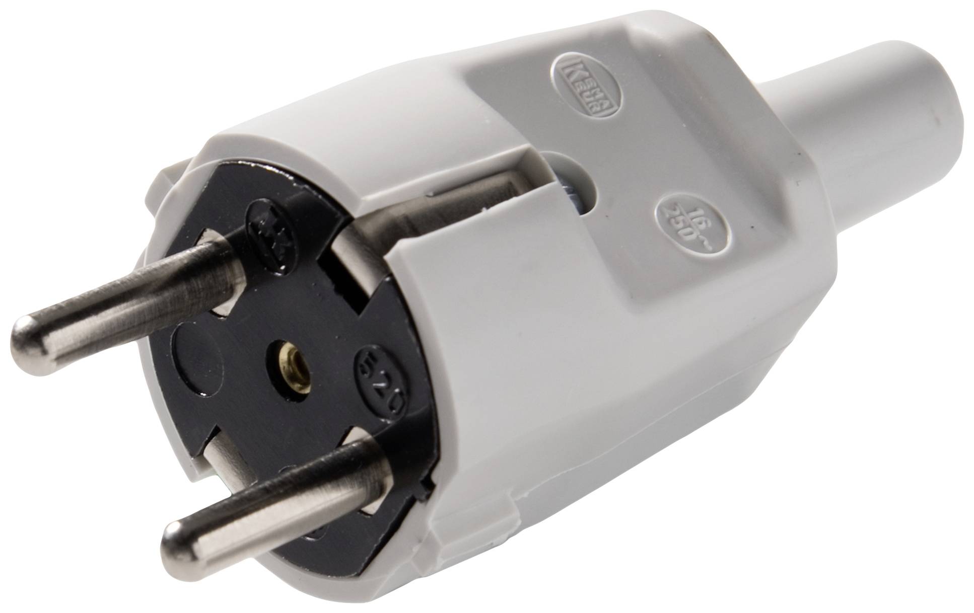 A two-pin Euro plug, suitable for European sockets, with insulated pins and a white plastic casing.