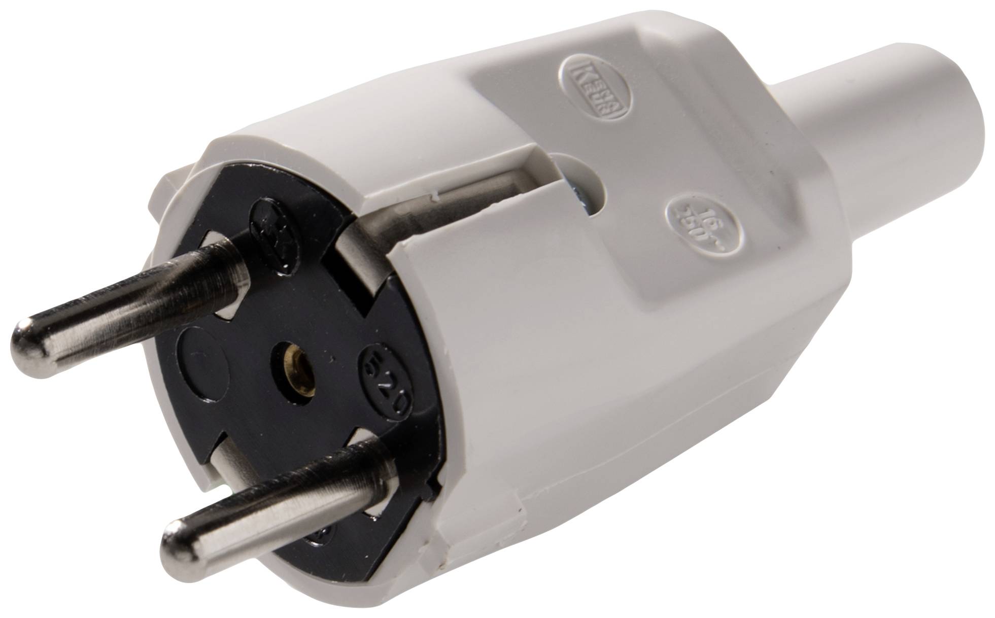 A white Schuko plug with two metal pins, made of plastic on top with embossed markings, is used for connecting to European electrical sockets.
