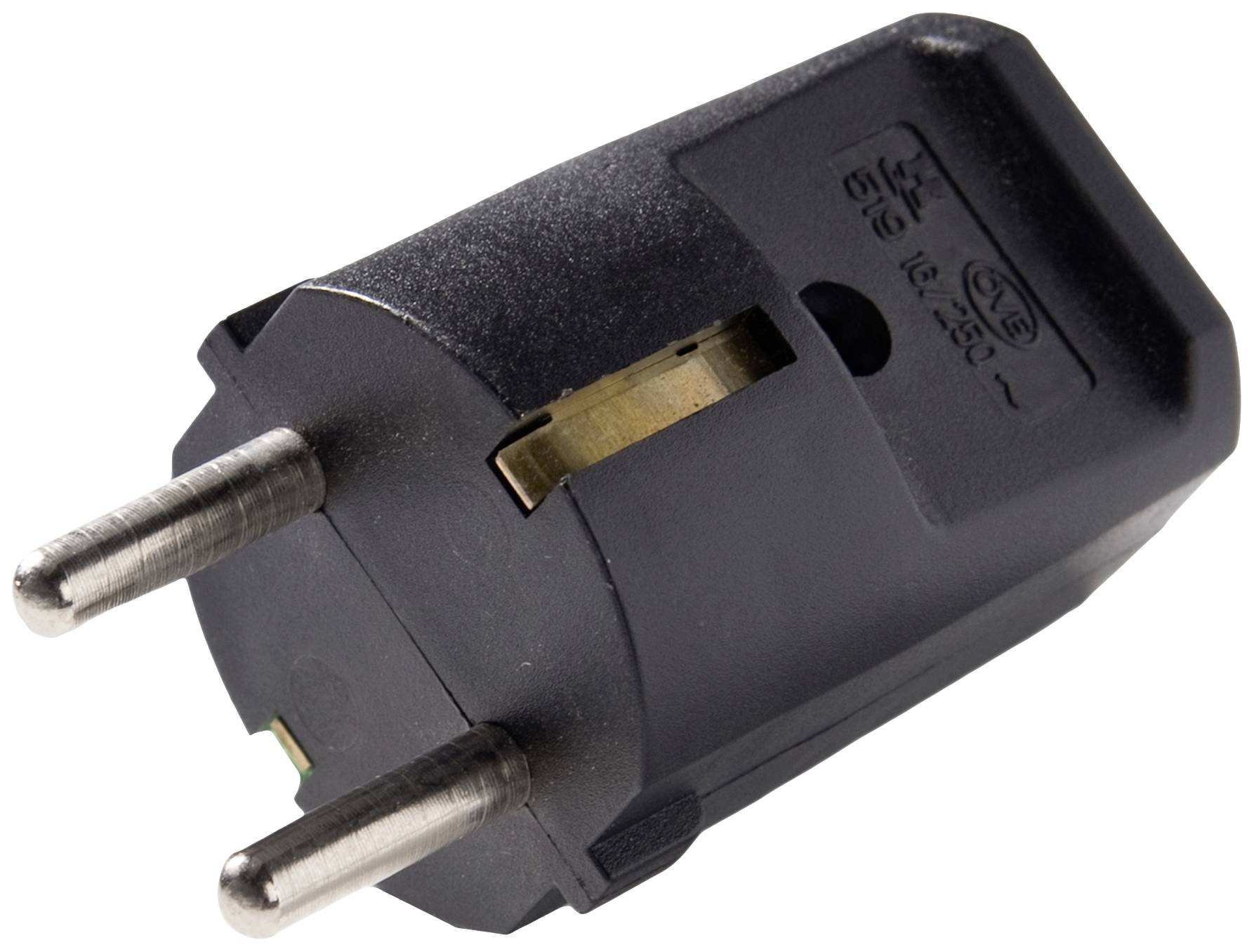 Black earthed plug with two metal pins, suitable for European socket outlets, showing test mark and voltage rating.