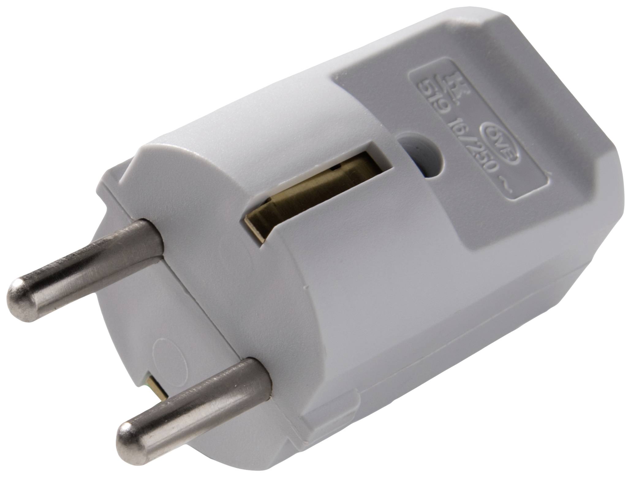 A grey European plug with two metal pins, suitable for use in European power sockets.