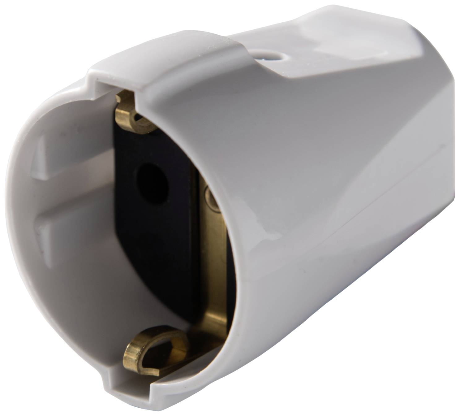 Close-up of a white, cylindrical adapter with metallic contacts inside.