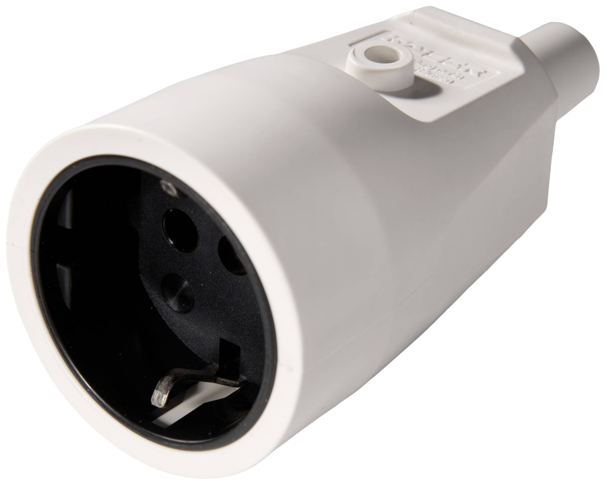 White electronic plug connector with a round housing and two holes for European standard sockets.