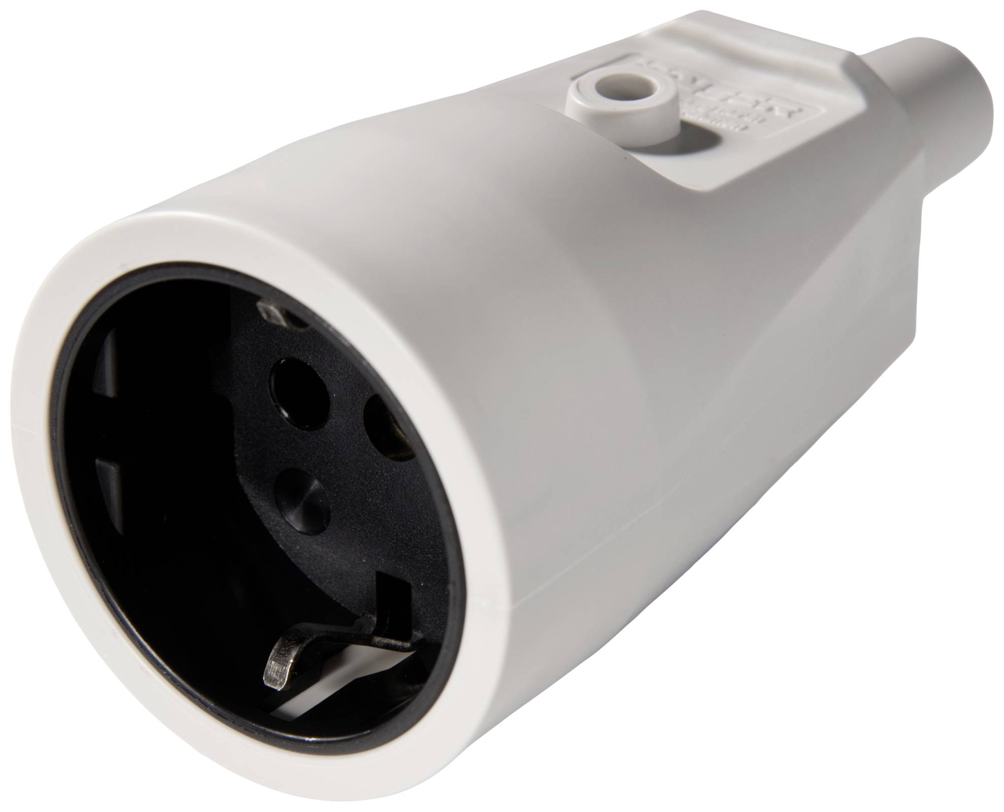 White socket adapters with two plug holes and earthing pin, suitable for connection to Schuko power sockets.