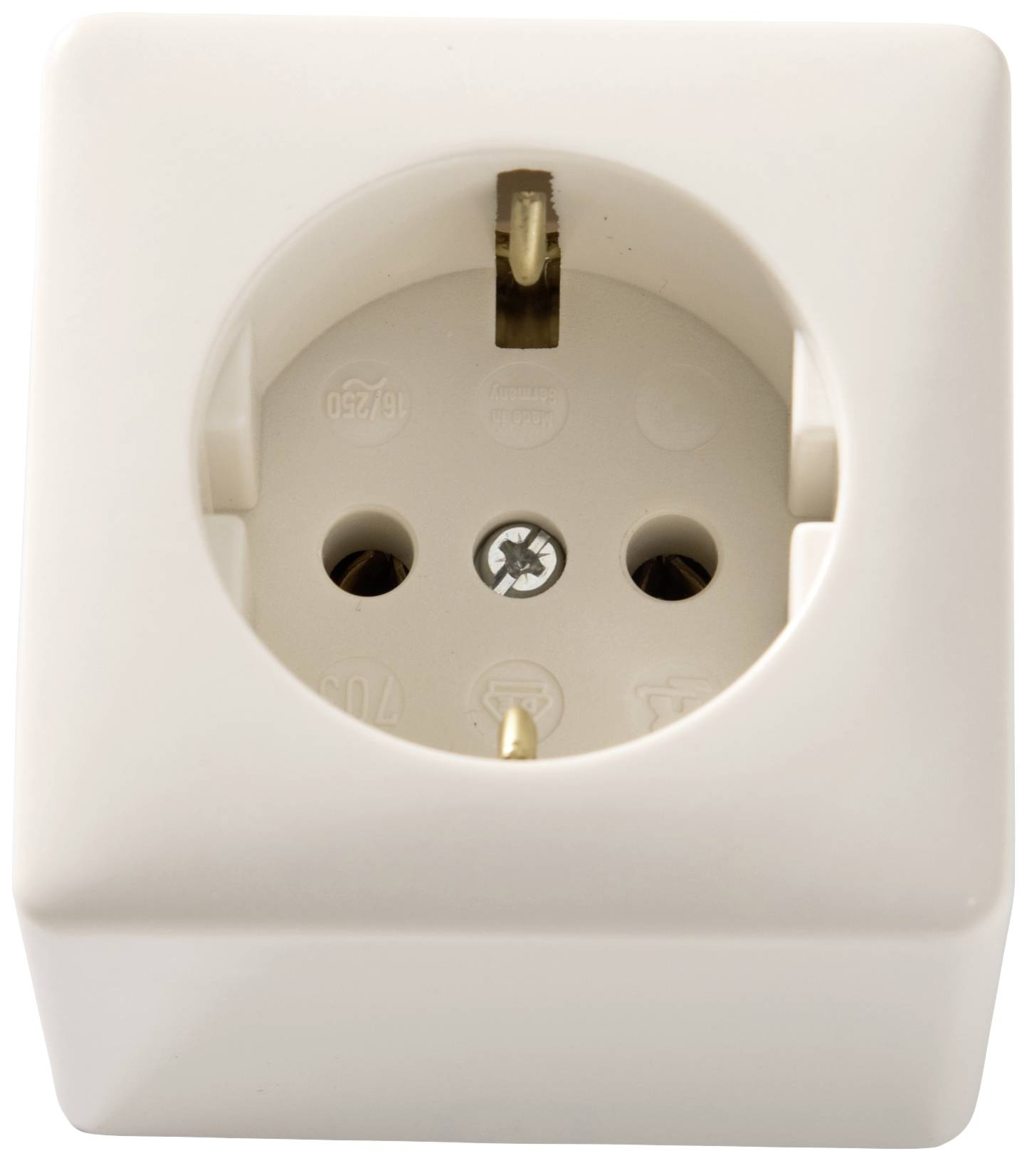 White wall socket with two holes for Euro and Schuko plugs, viewed from the front.