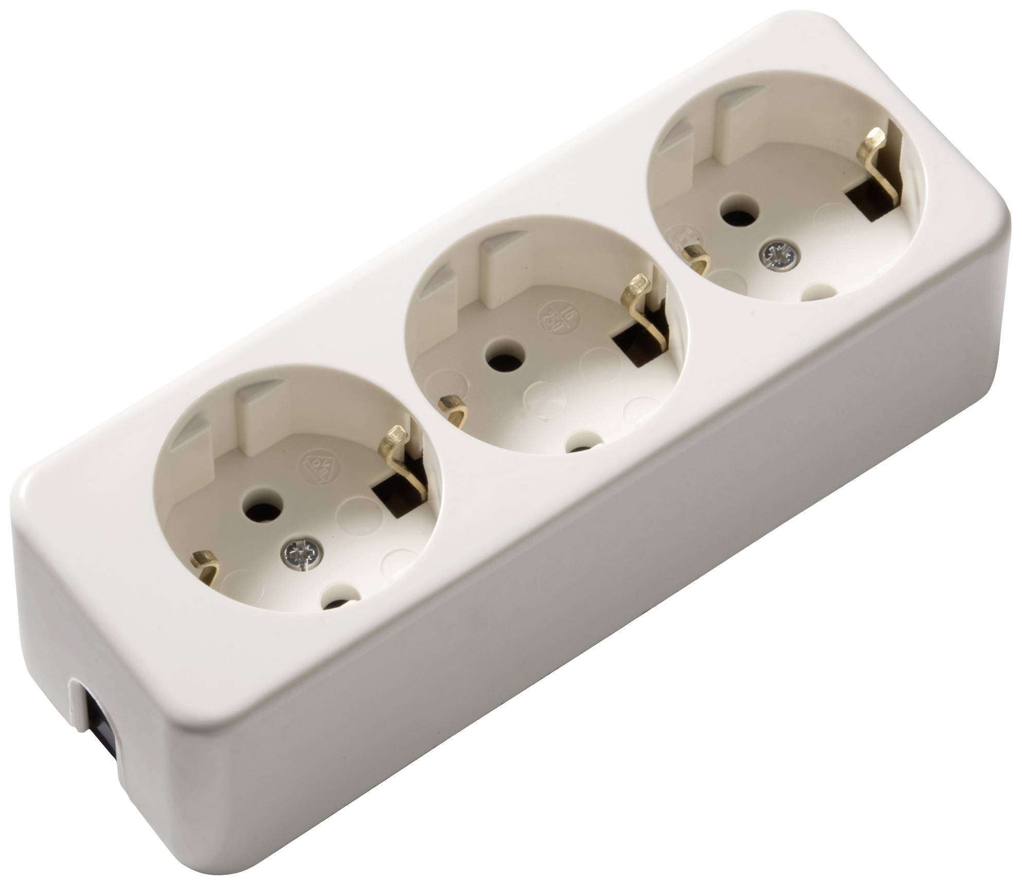 Triple socket outlet in white, suitable for extending electrical connections in indoor spaces.