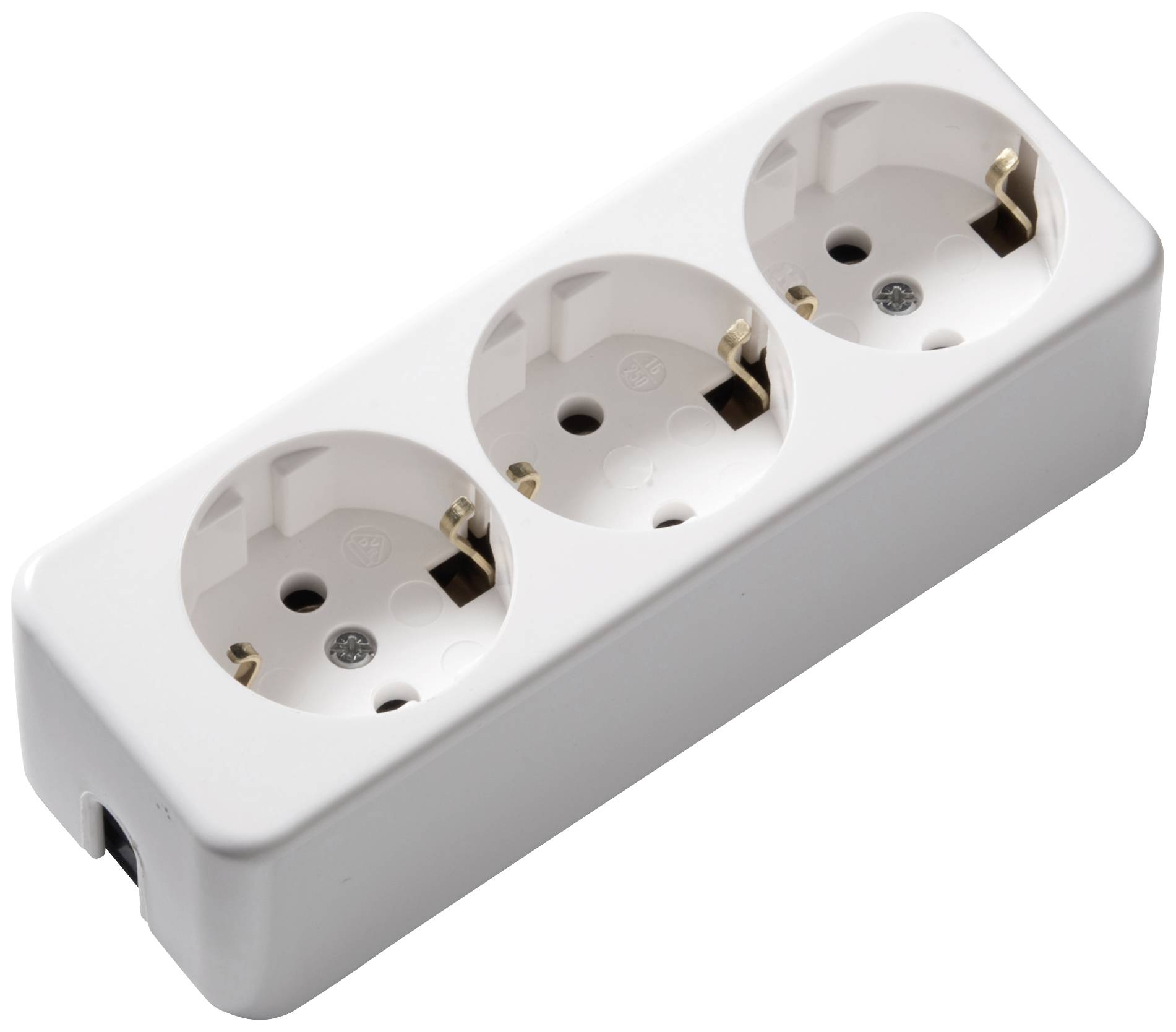 White triple socket with three round plug sockets, suitable for connecting multiple devices to a single European power outlet.