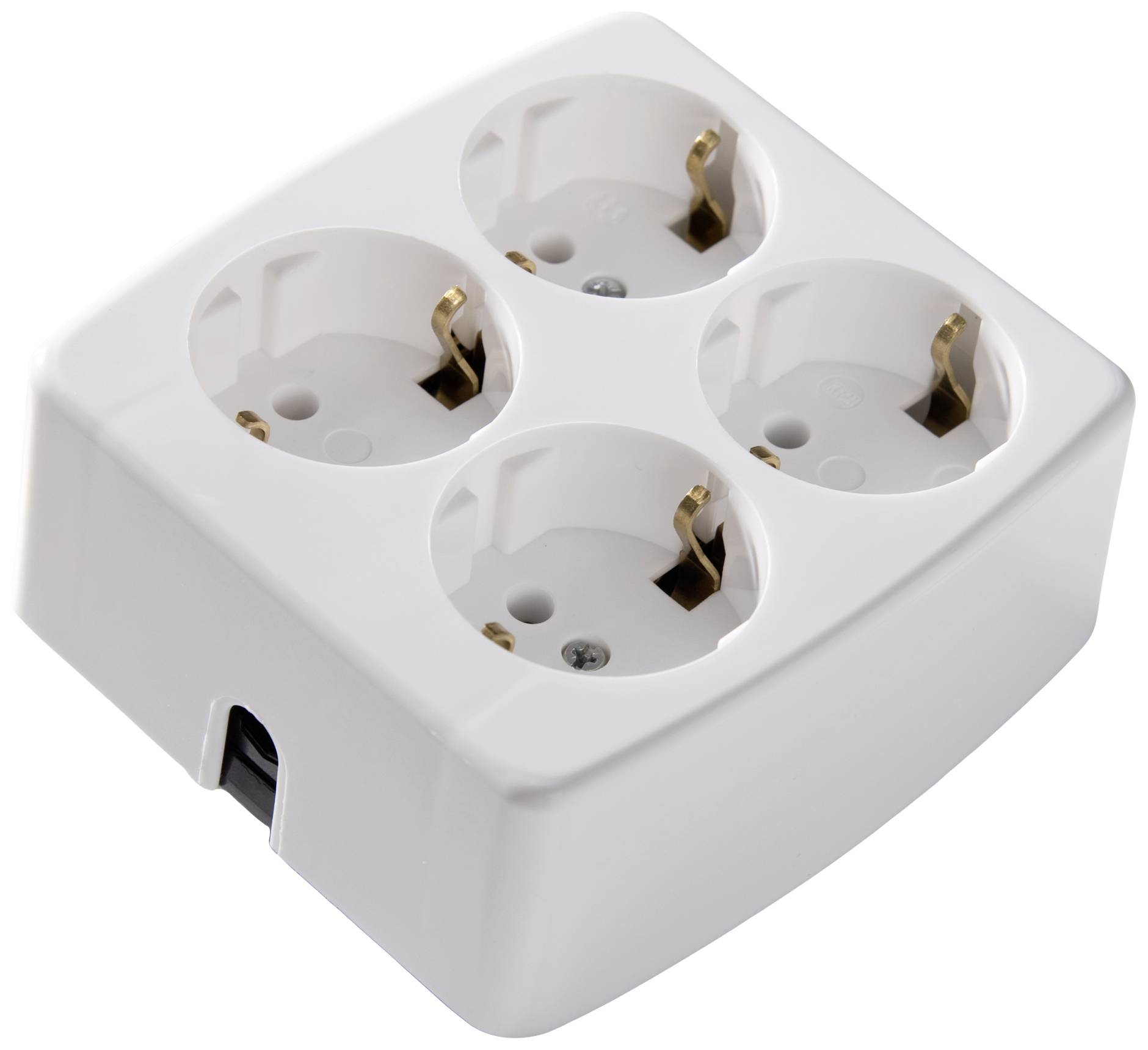White four-socket extension with round socket outlets, suitable for household appliances.