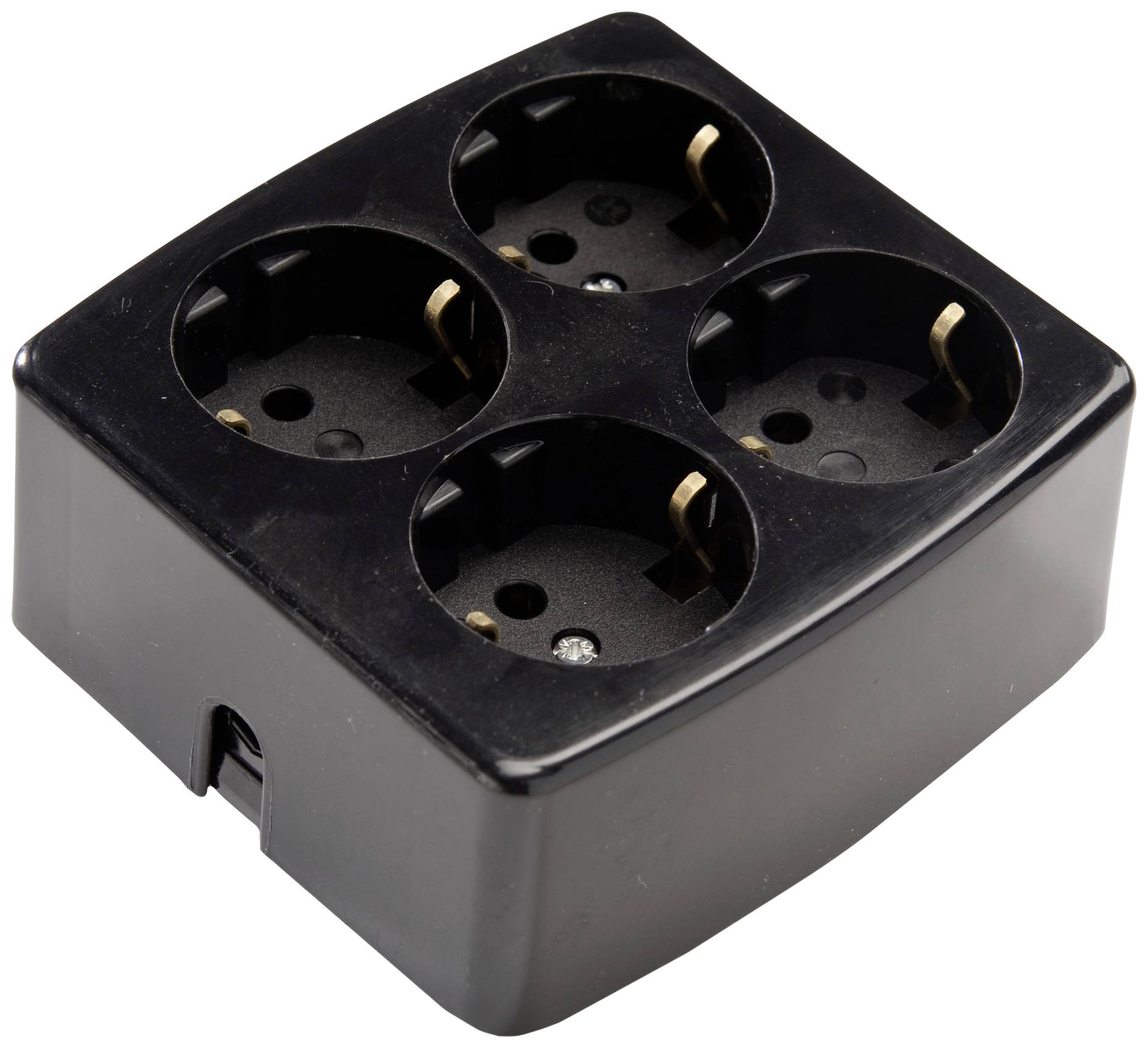 Black four-way socket adaptor with round socket outlets, suitable for Schuko plugs in Europe.