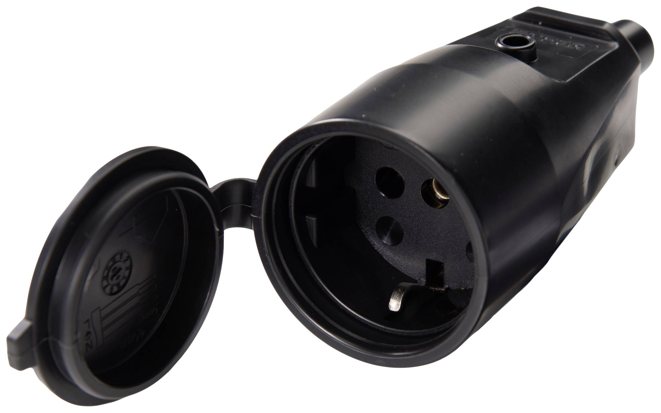 A black earthed plug with a hinged cover, open. The plug has a round body and is suitable for outdoor use.