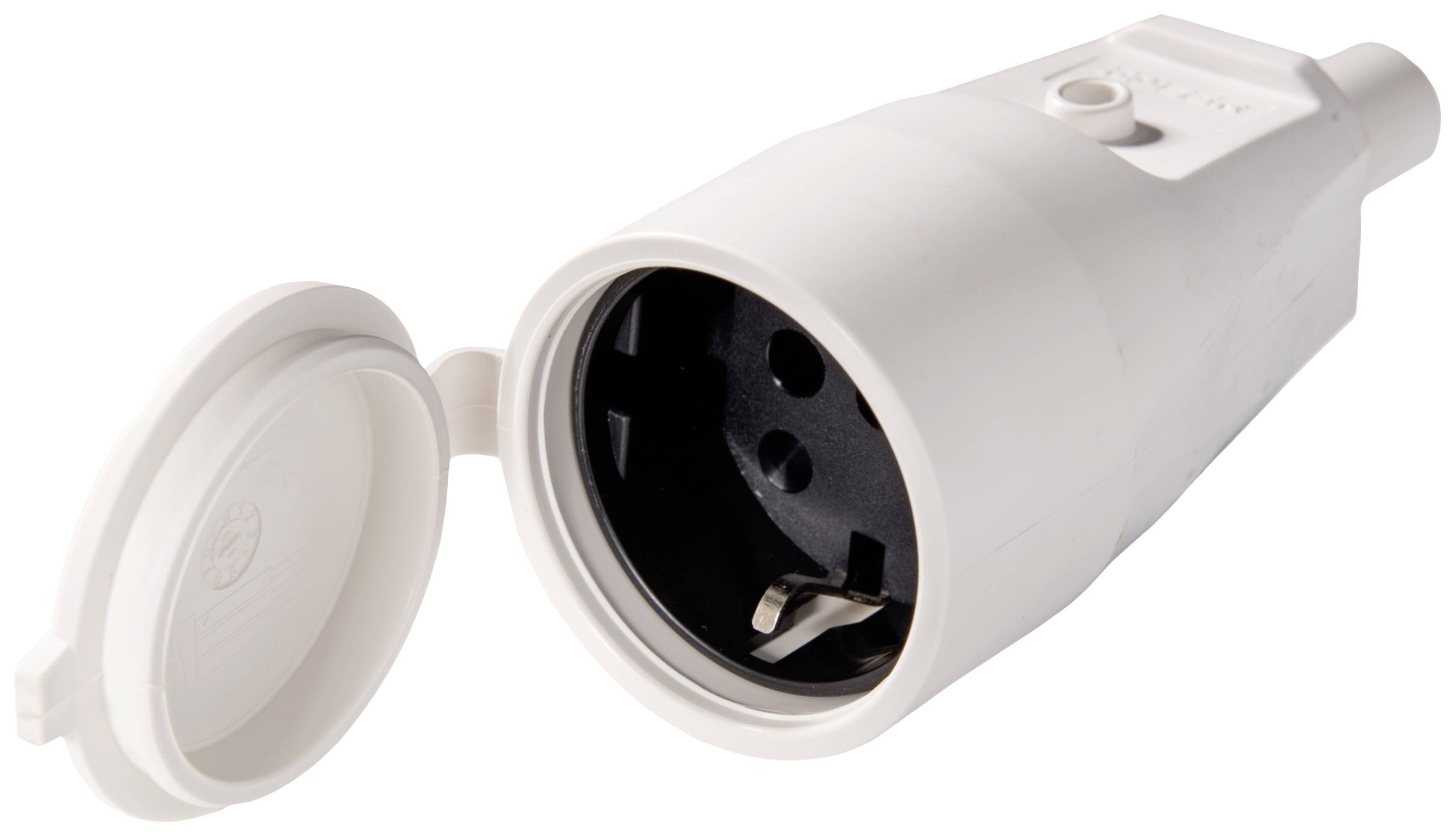 White socket with protective cover, suitable for outdoor areas or harsh environments.
