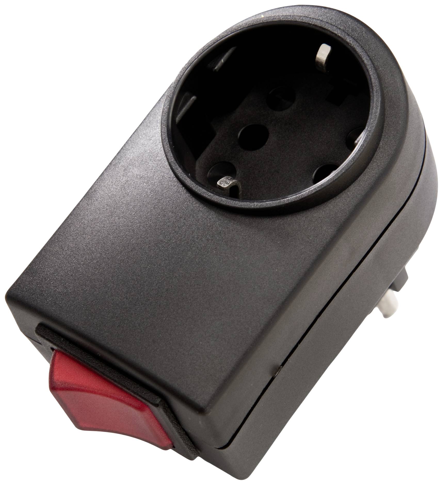 A black socket with a red on/off switch, suitable for connecting electrical devices.Note: This translation maintains the original meaning while using natural British English phrasing. The technical description remains precise and clear.