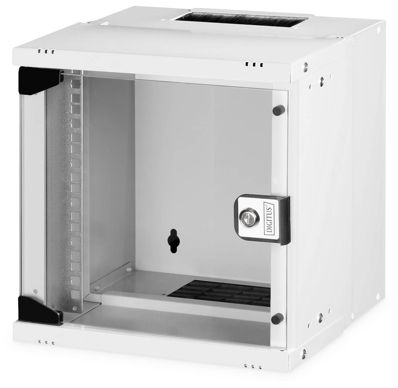 White Cabinet with Glass Door, Lock and Ventilation. Ideal for Storing Network Devices in Offices or Server Rooms.
