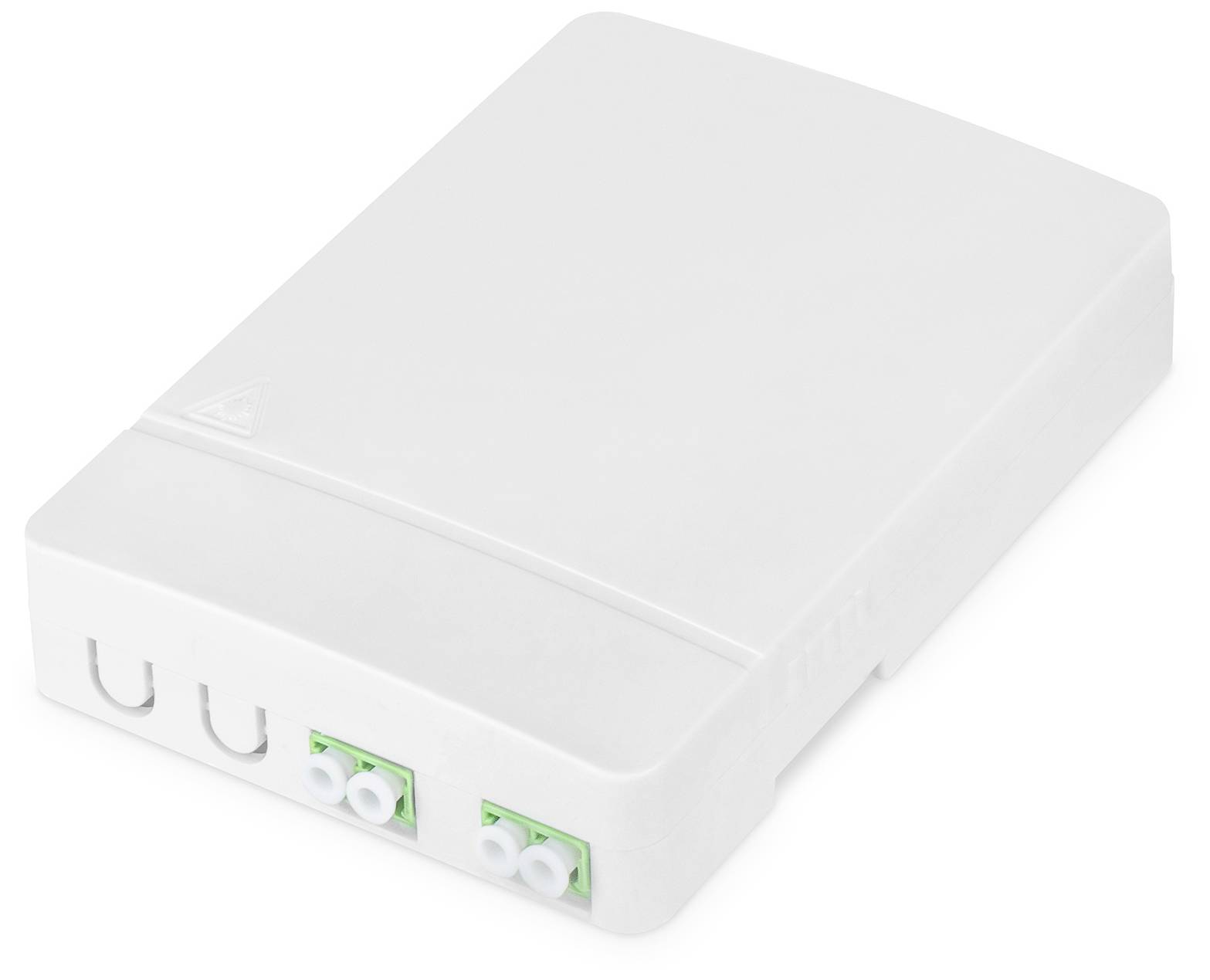 White plastic box with cable connections on the side.