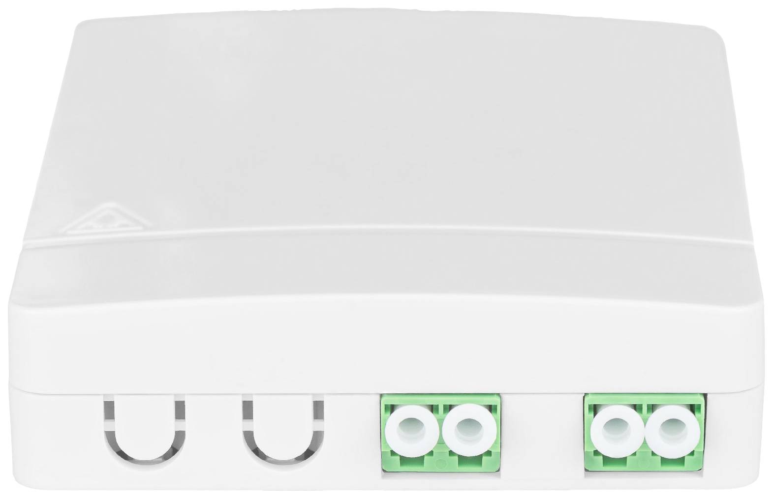 White, rectangular connection box with two green plugs along the bottom edge. Suitable for wiring electrical or digital connections.
