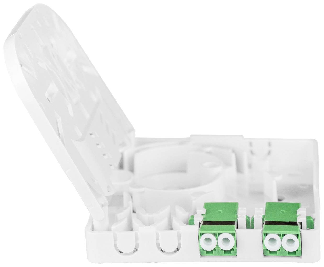 A white junction box with an open lid. Two green fibre optic connectors are visible.