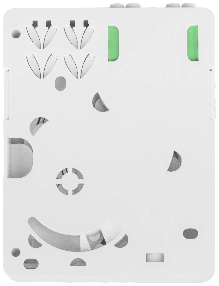 White electrical socket cover with multiple cut-outs and green clips, for securing and protecting electrical connections.
