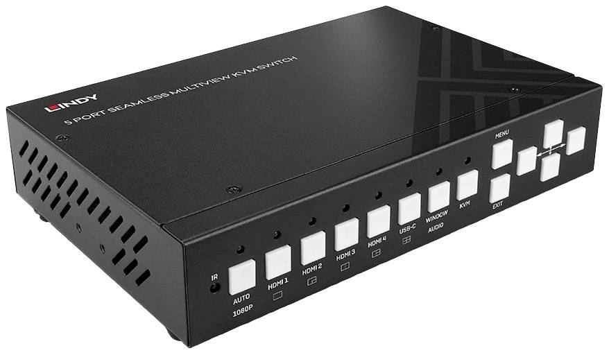 A black 5-port multiview KVM switch with white-labelled buttons on the front panel and logo on the top surface.