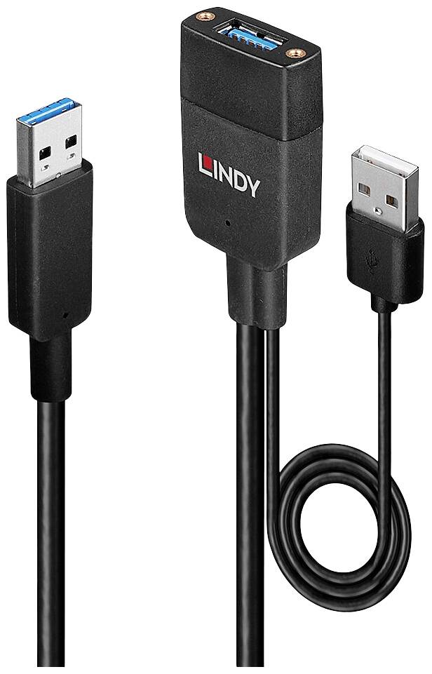 USB extension cable with USB 3.0 connectors. The female connector is marked with 'LINDY'. Black, for data transfers.